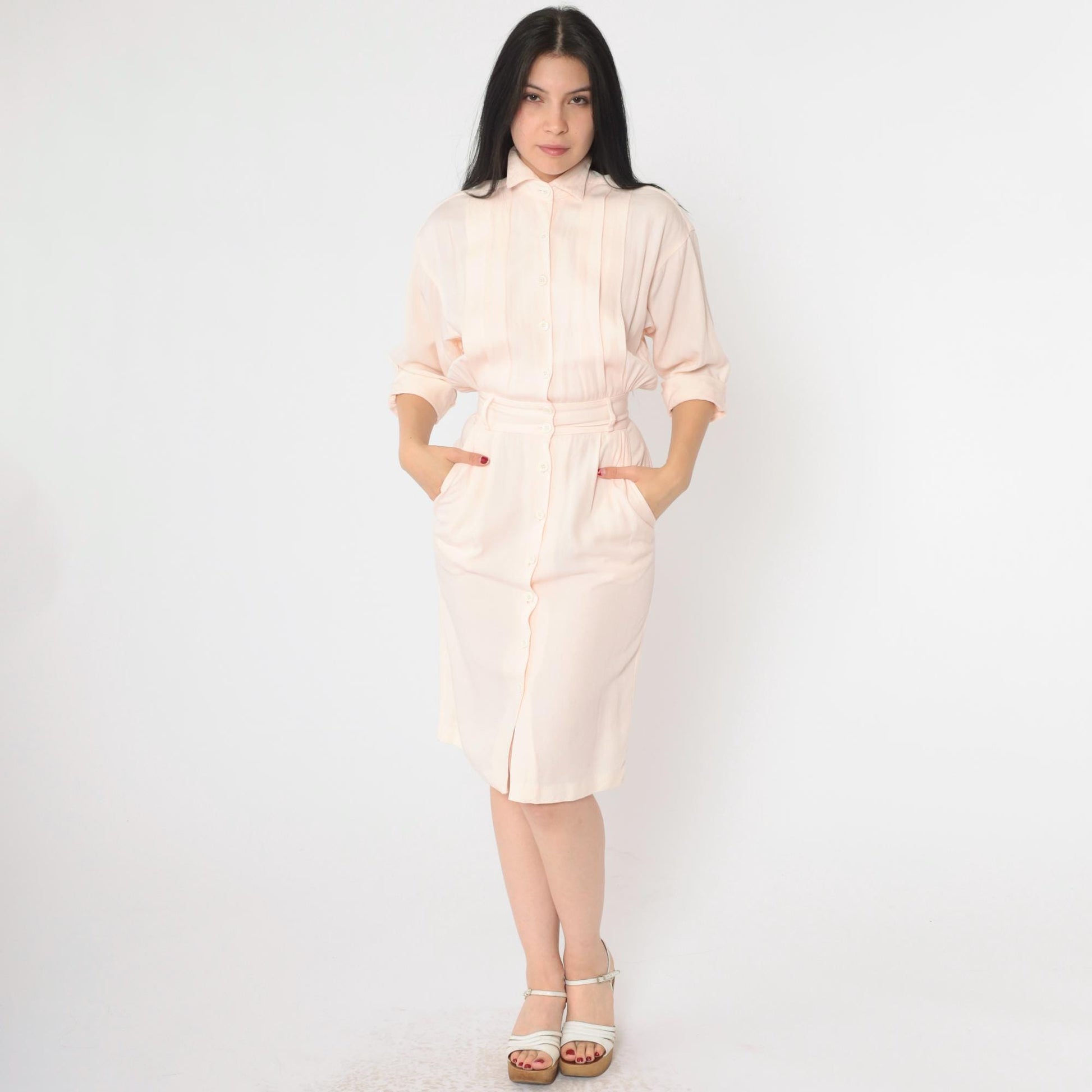 80s Peach Pink Button-Up Midi Dress Cuffed 3/4 Sleeve Pencil Cut XXS