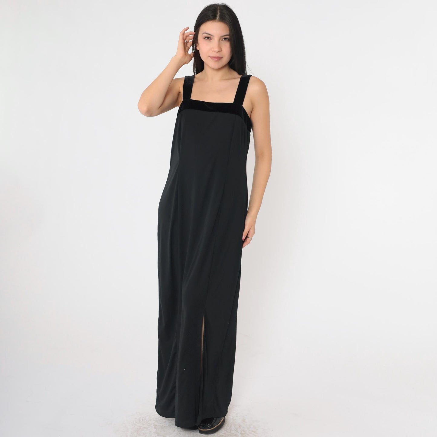 90s Black Velvet Strap Maxi Dress Sleeveless Sheath Front Slit Medium