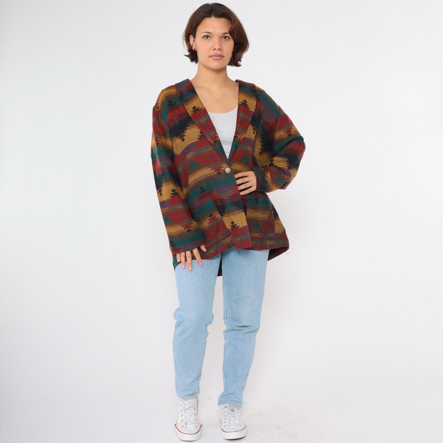 90s Southwestern Striped Blazer Red Yellow Blue Button Up Jacket Plus Size XXL