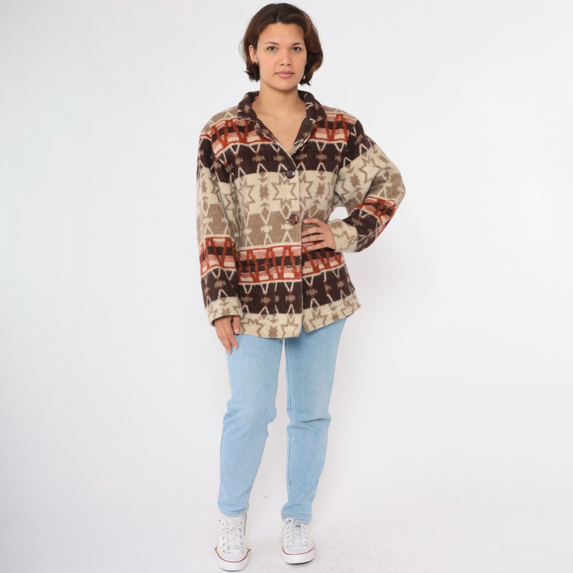 90s Flashback Wool Jacket Southwestern Geometric Star Print Button-Up Large