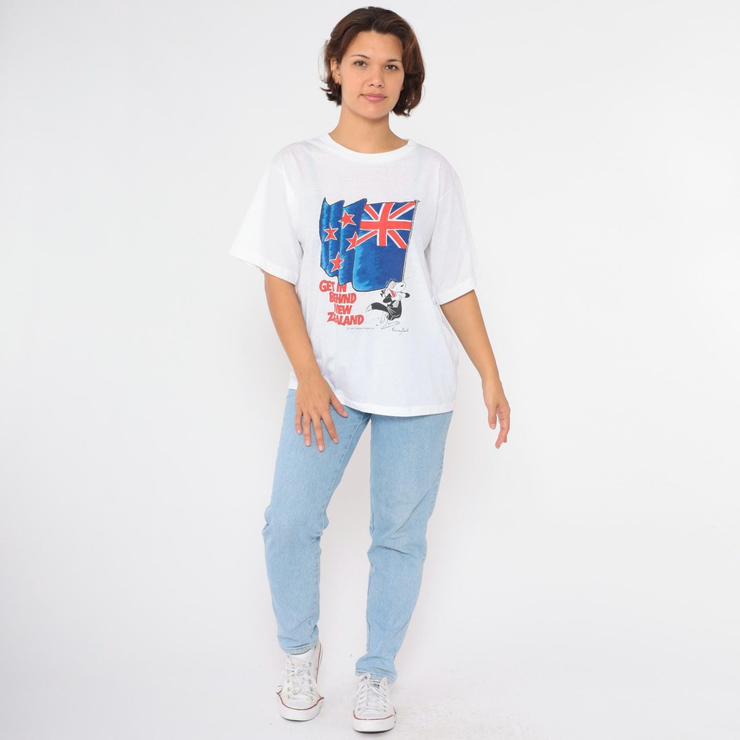 1987 New Zealand Murray Ball Graphic T-Shirt White Rugby Large