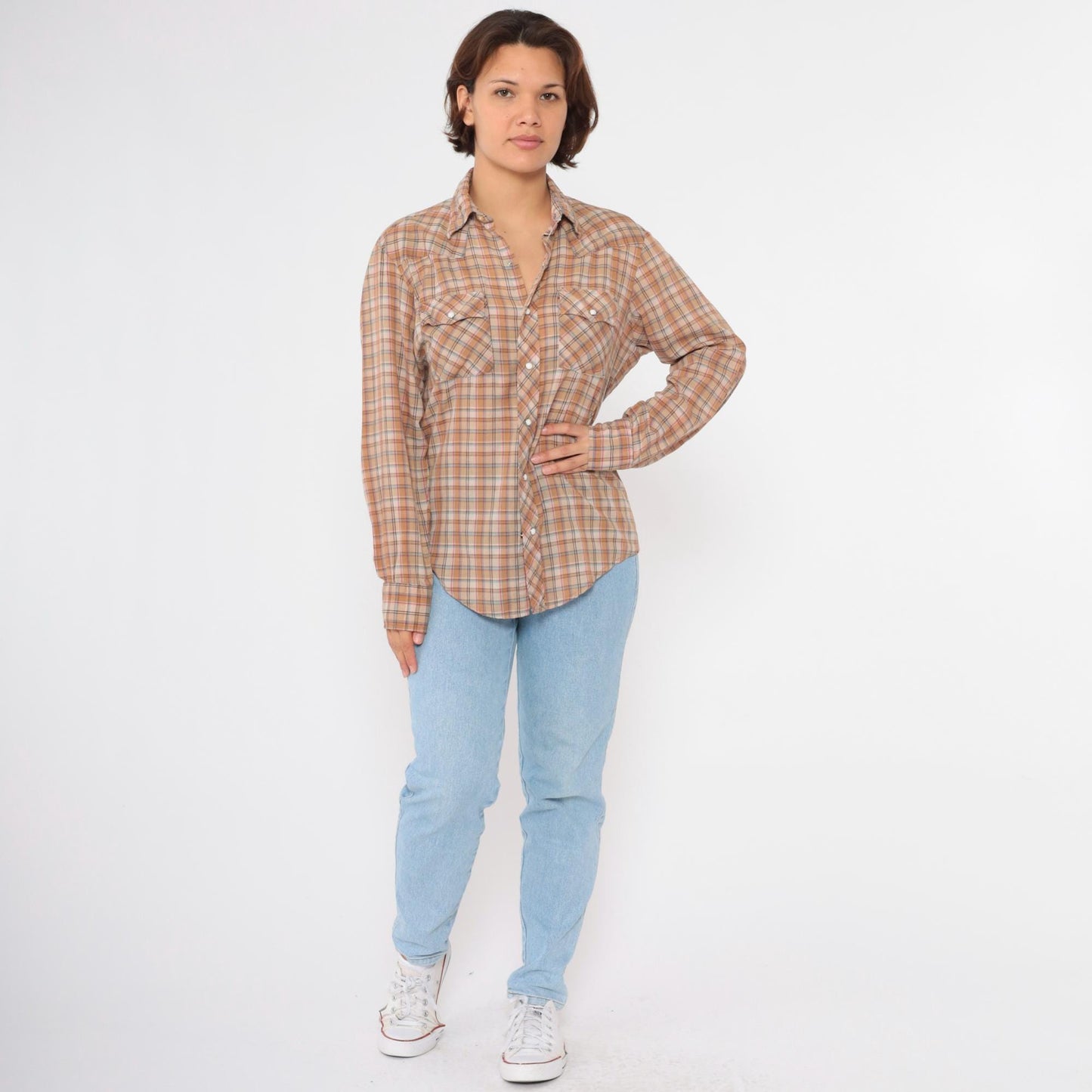 80s Dakota Western Pearl Snap Shirt Burnt Orange Tan Plaid Large