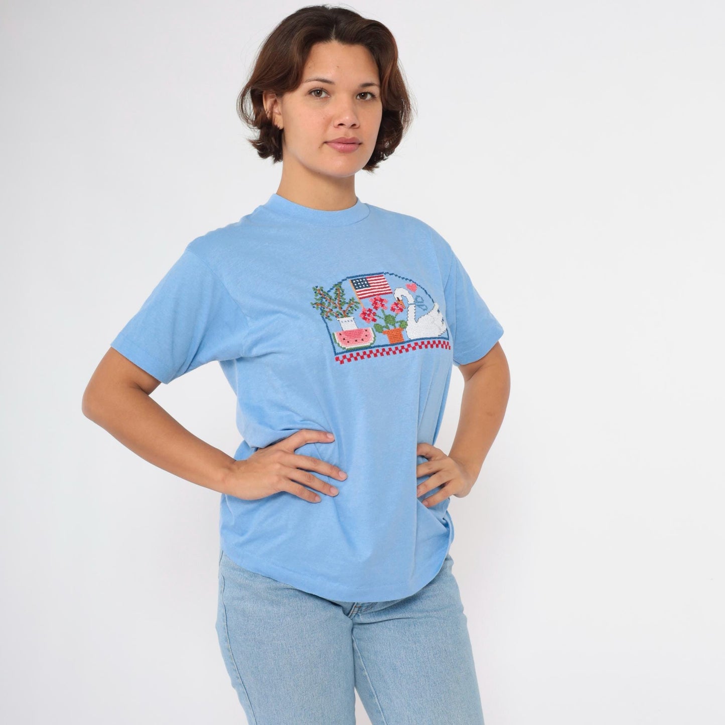 80s Screen Stars Embroidered Graphic Tee Swan Flag Watermelon Blue Medium