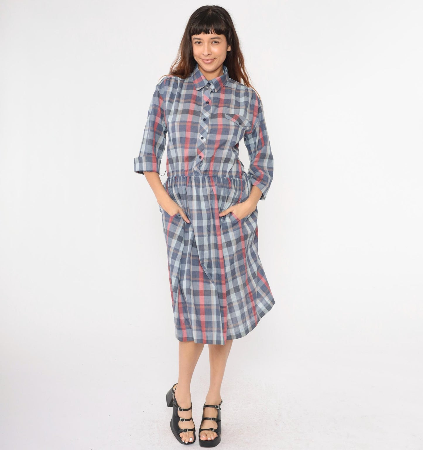 80s Paul Alfred Plaid Shirt Dress Blue Red Midi High Waist Medium