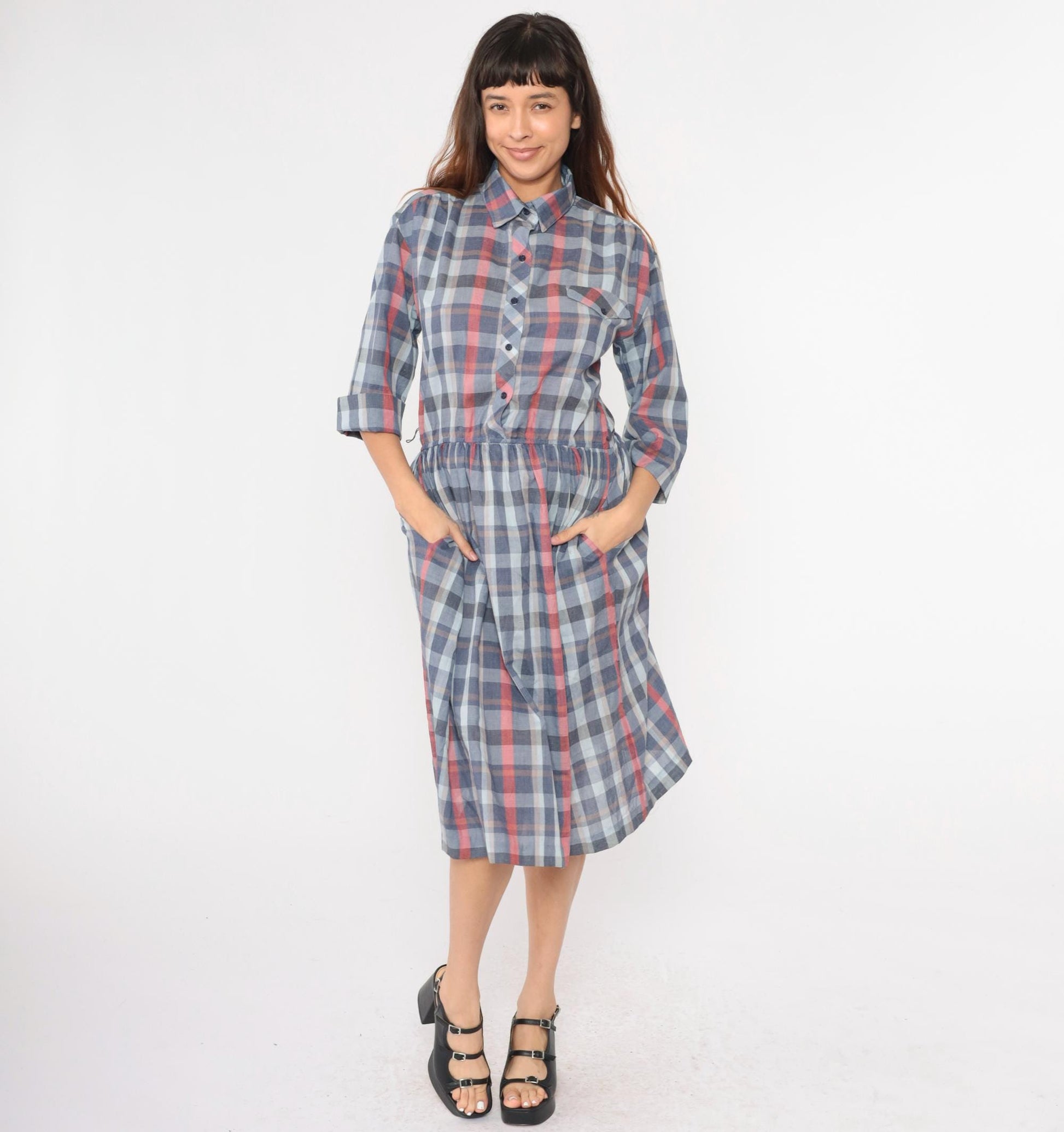 80s Paul Alfred Plaid Shirt Dress Blue Red Midi High Waist Medium