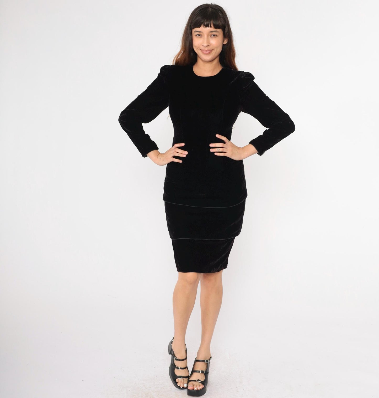 80s Maggy London Black Velvet Puff Sleeve Midi Dress Small 6