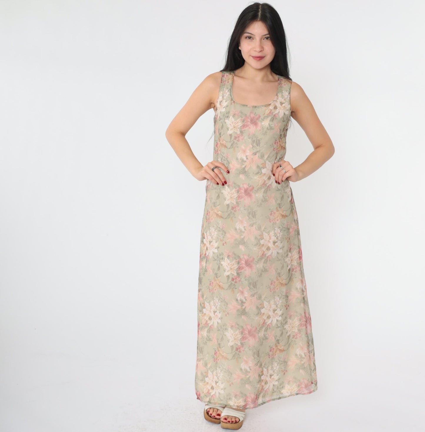 90s Floral Lily Maxi Sundress Soft Green Pink Sleeveless Scoop Neck Small