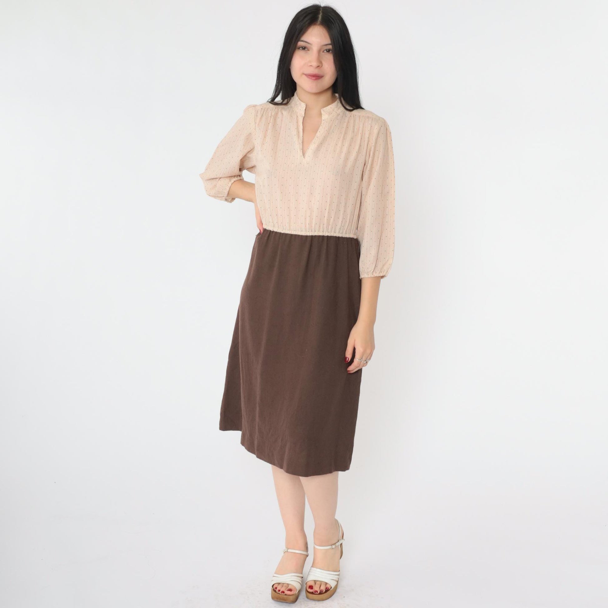 70s Beige Brown Dot Print Midi Dress High Elastic Waist V Neck Small