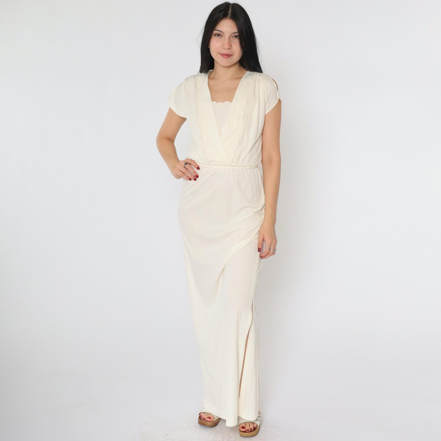 70s Cream Maxi Dress Embroidered Floral Wrap Bodice Flutter Sleeve Small