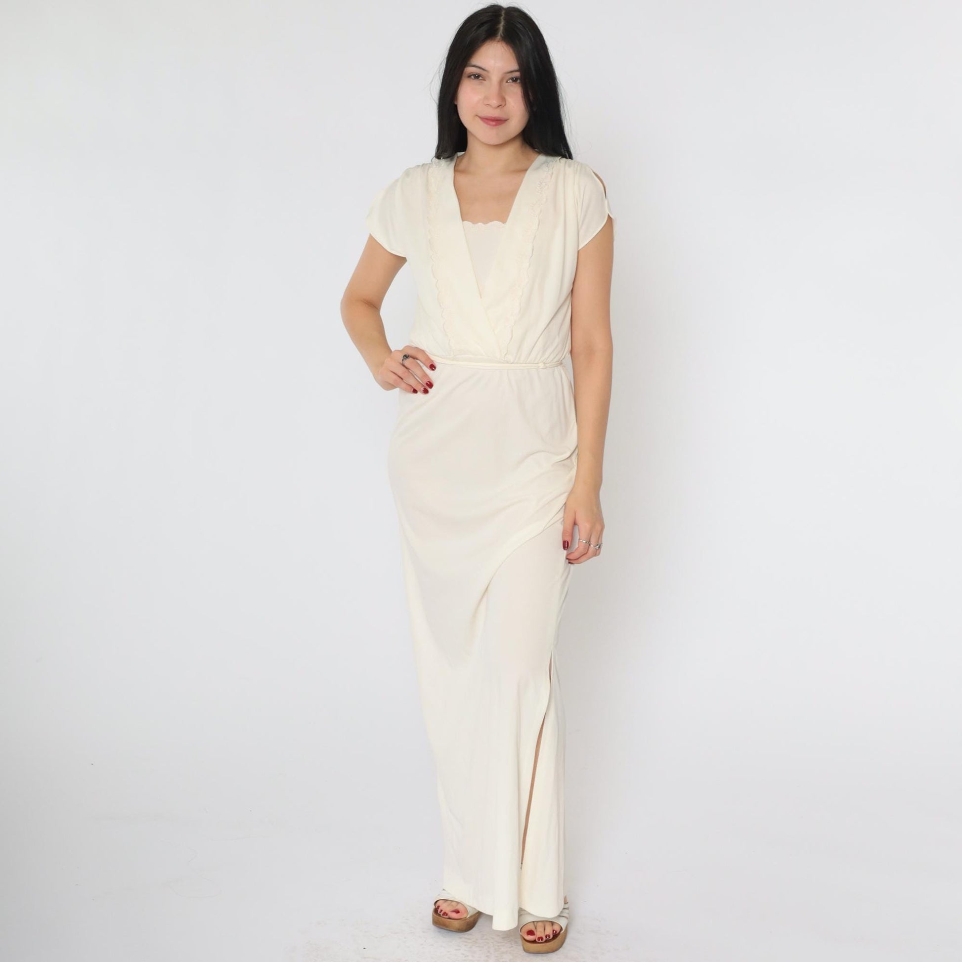70s Cream Maxi Dress Embroidered Floral Wrap Bodice Flutter Sleeve Small