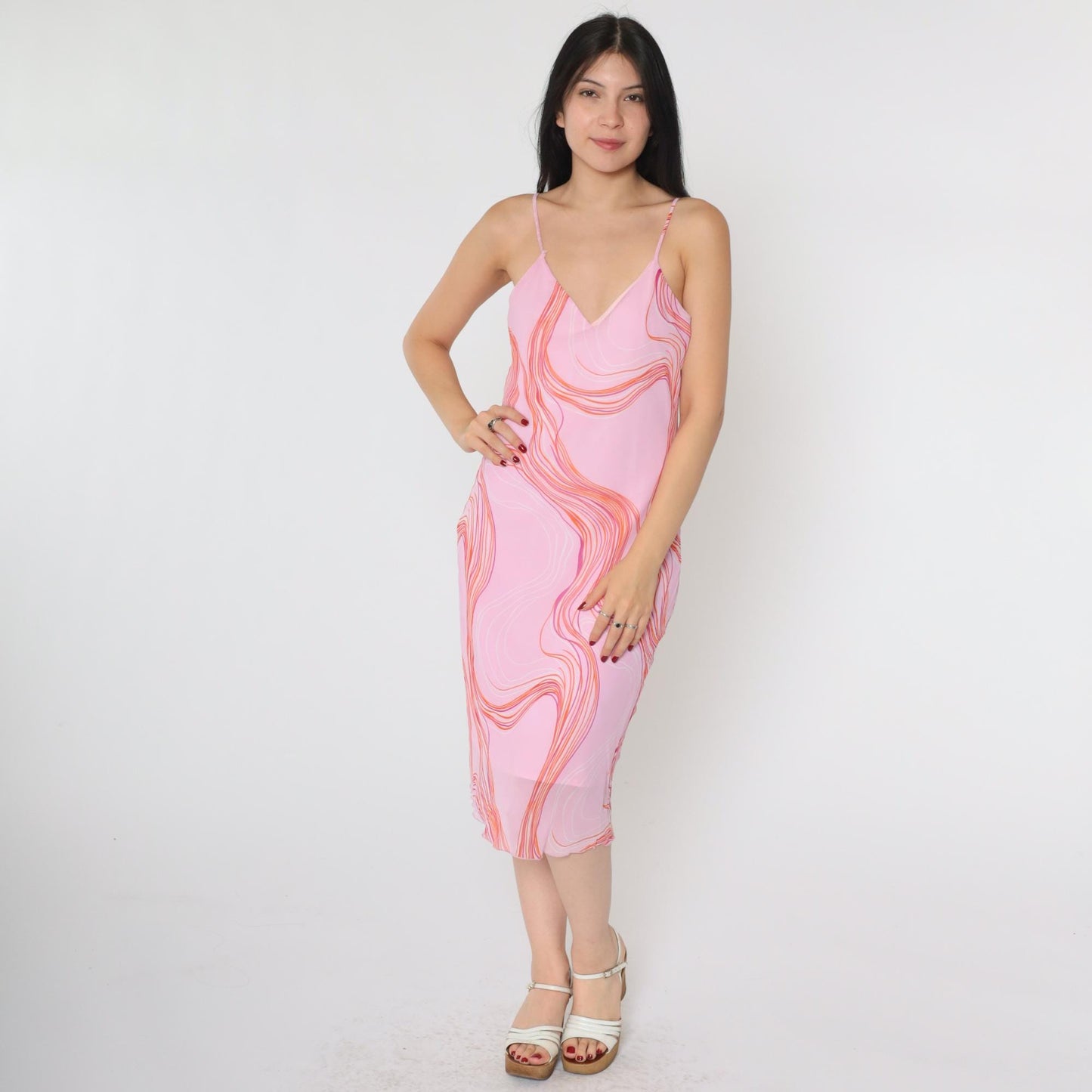 Y2K Pink Chiffon Slip Dress Abstract Swirl Print V-Neck Midi Medium 8