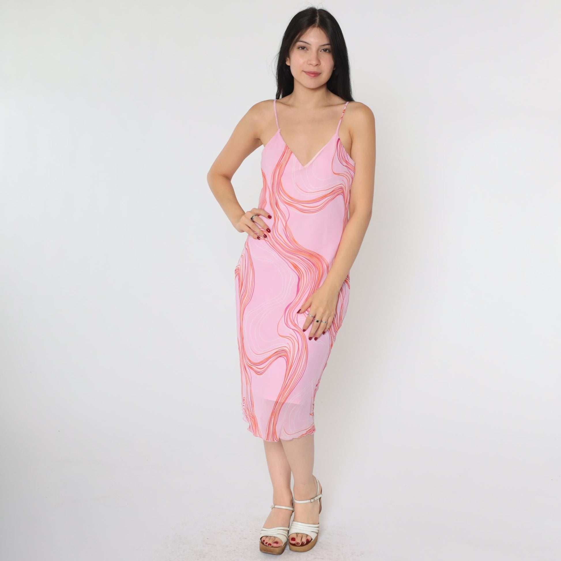 Y2K Pink Chiffon Slip Dress Abstract Swirl Print V-Neck Midi Medium 8