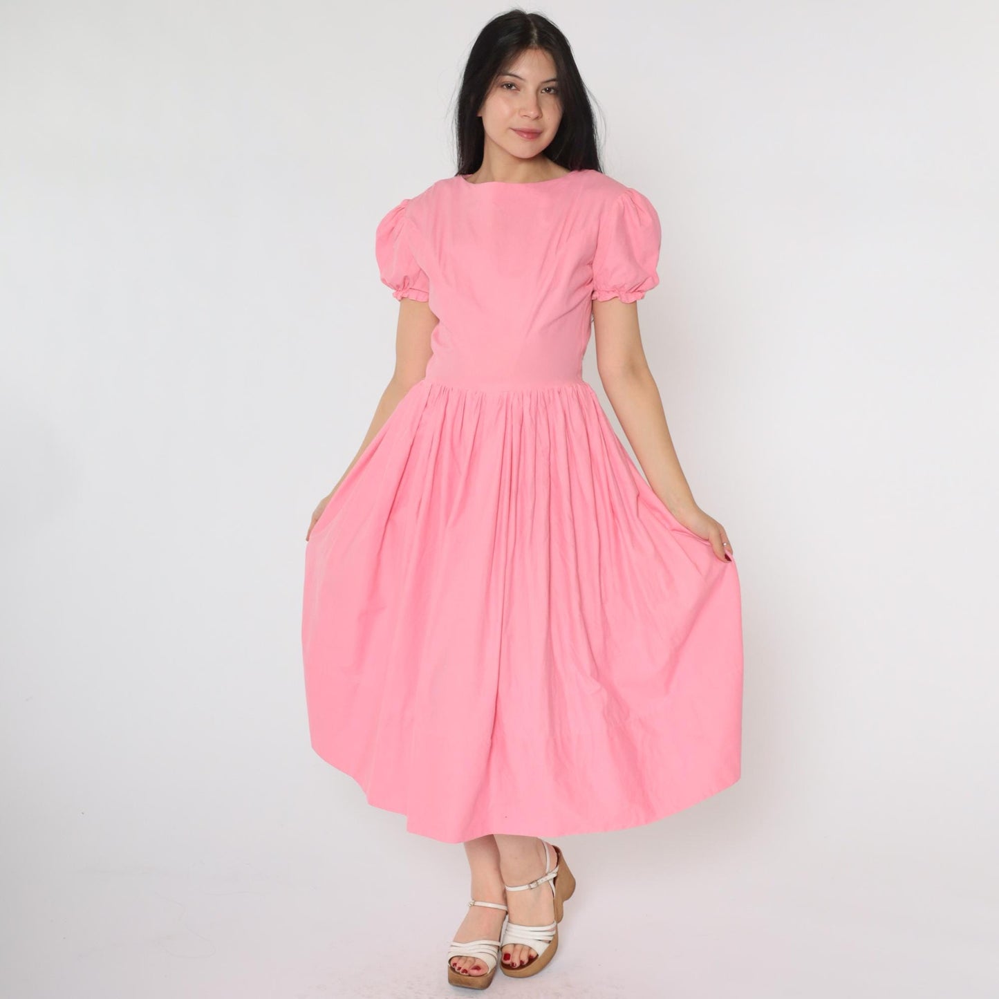 60s Bright Pink Puff Sleeve Midi Dress High Waist Full Skirt Small S