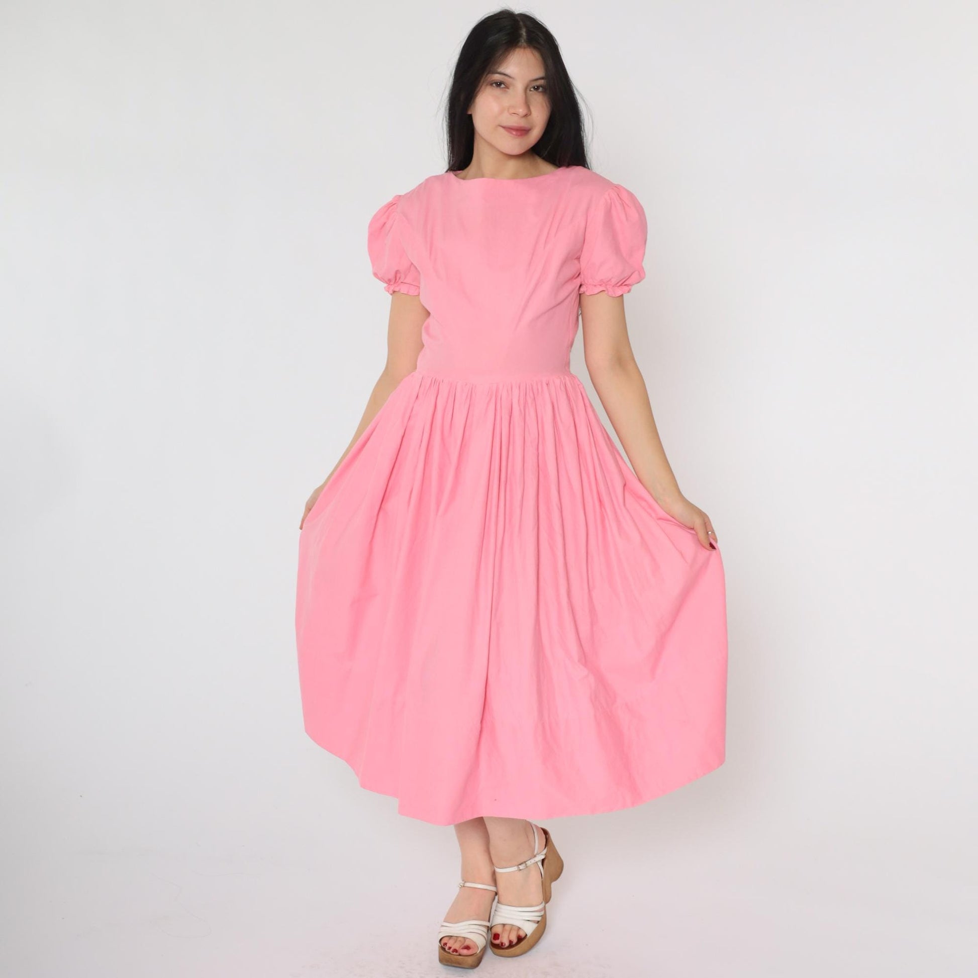 60s Bright Pink Puff Sleeve Midi Dress High Waist Full Skirt Small S