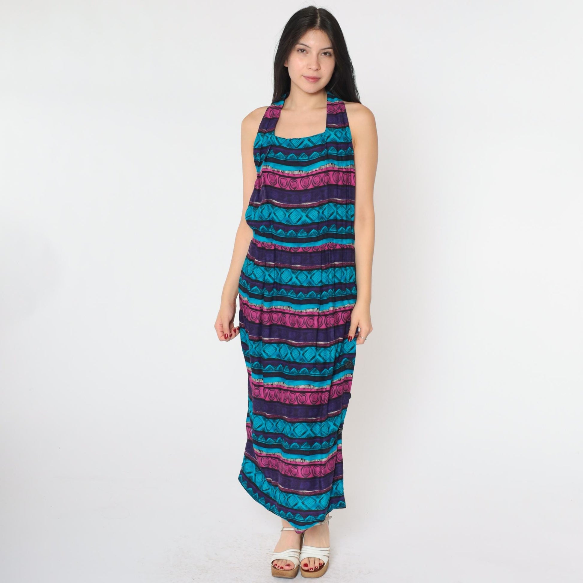 90s Geometric Midi Dress Racerback Sleeveless Blue Purple Pink Medium