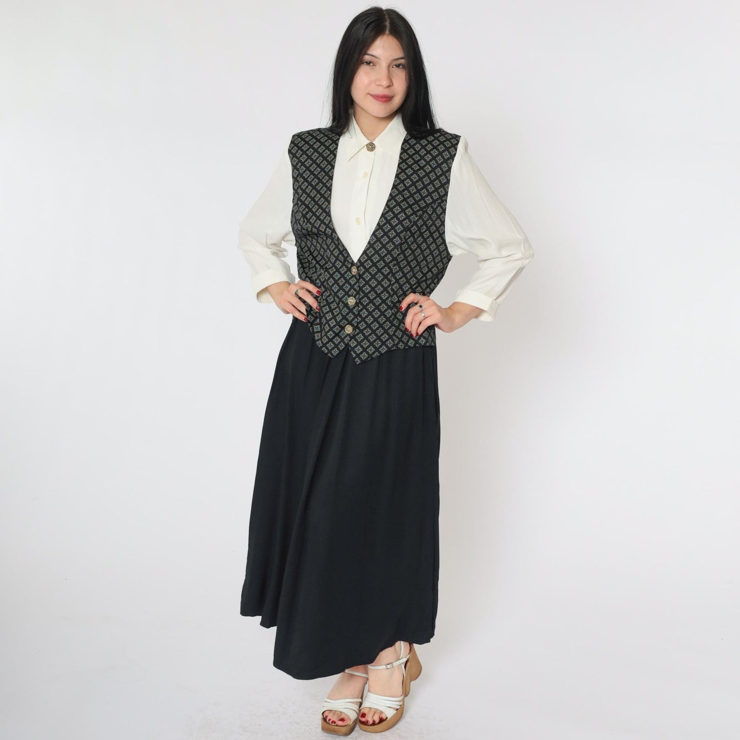 90s S.L. Fashions Maxi Dress Attached Geometric Vest White Black Button Front Small