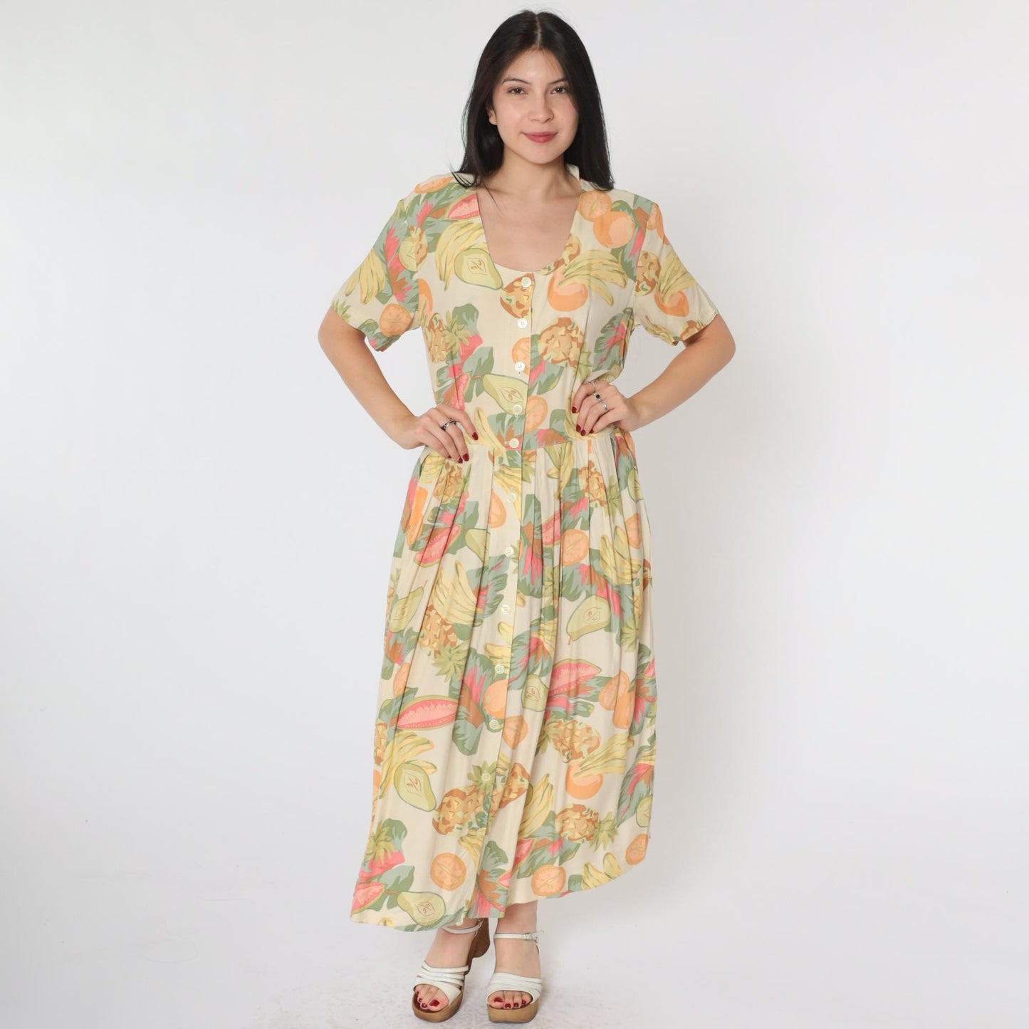 90s Tropical Fruit Print Button-Up Shirtdress Midi Cream Rayon Medium