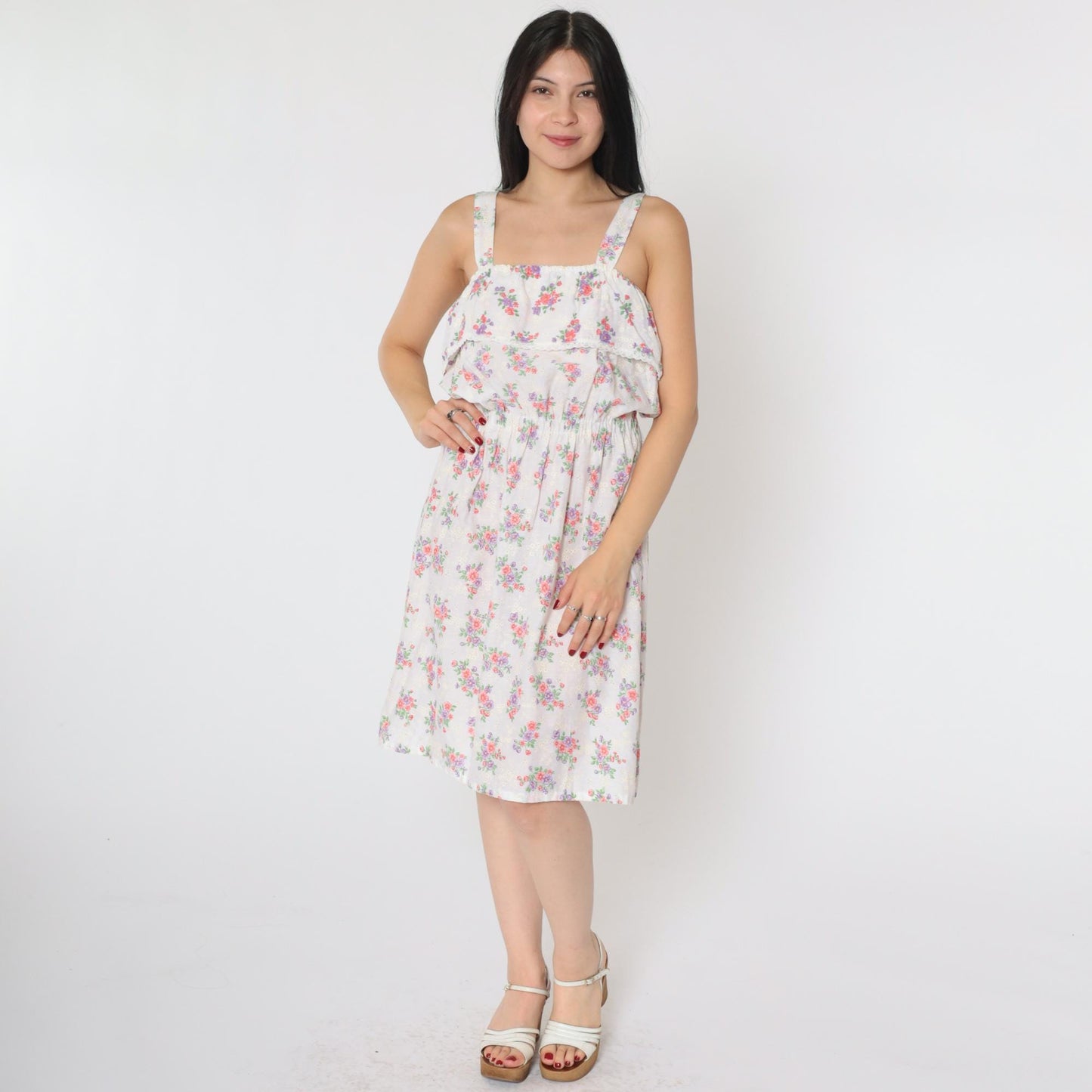 70s White Floral Midi Sun Dress High Elastic Waist Tank Straps Small Medium