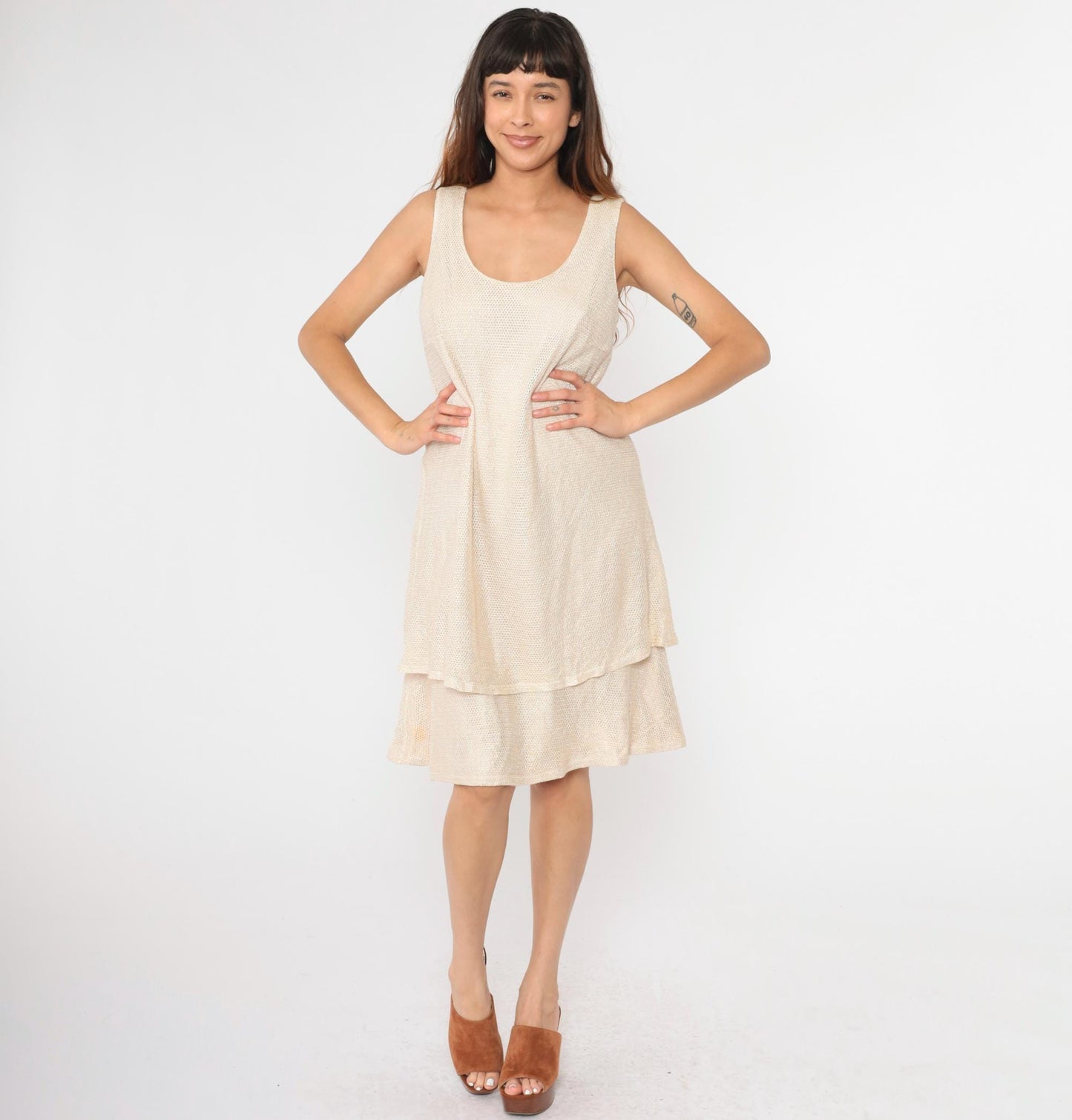 90s Onyx Nite Metallic Mesh Midi Dress Beige Sleeveless Tiered Large L