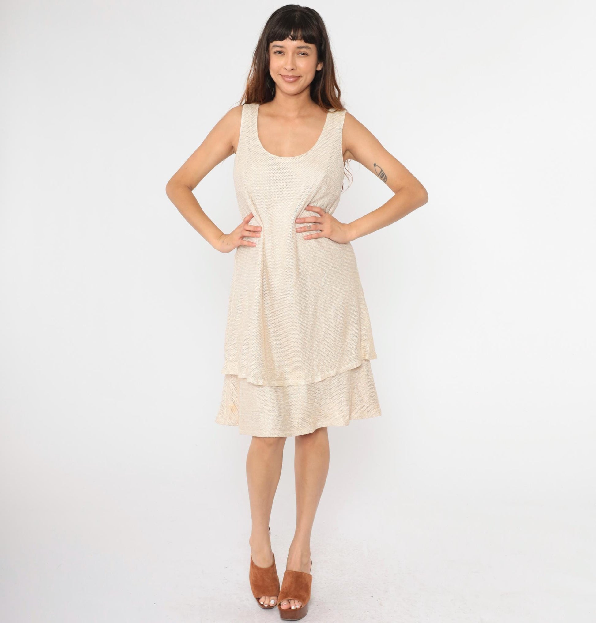 90s Onyx Nite Metallic Mesh Midi Dress Beige Sleeveless Tiered Large L