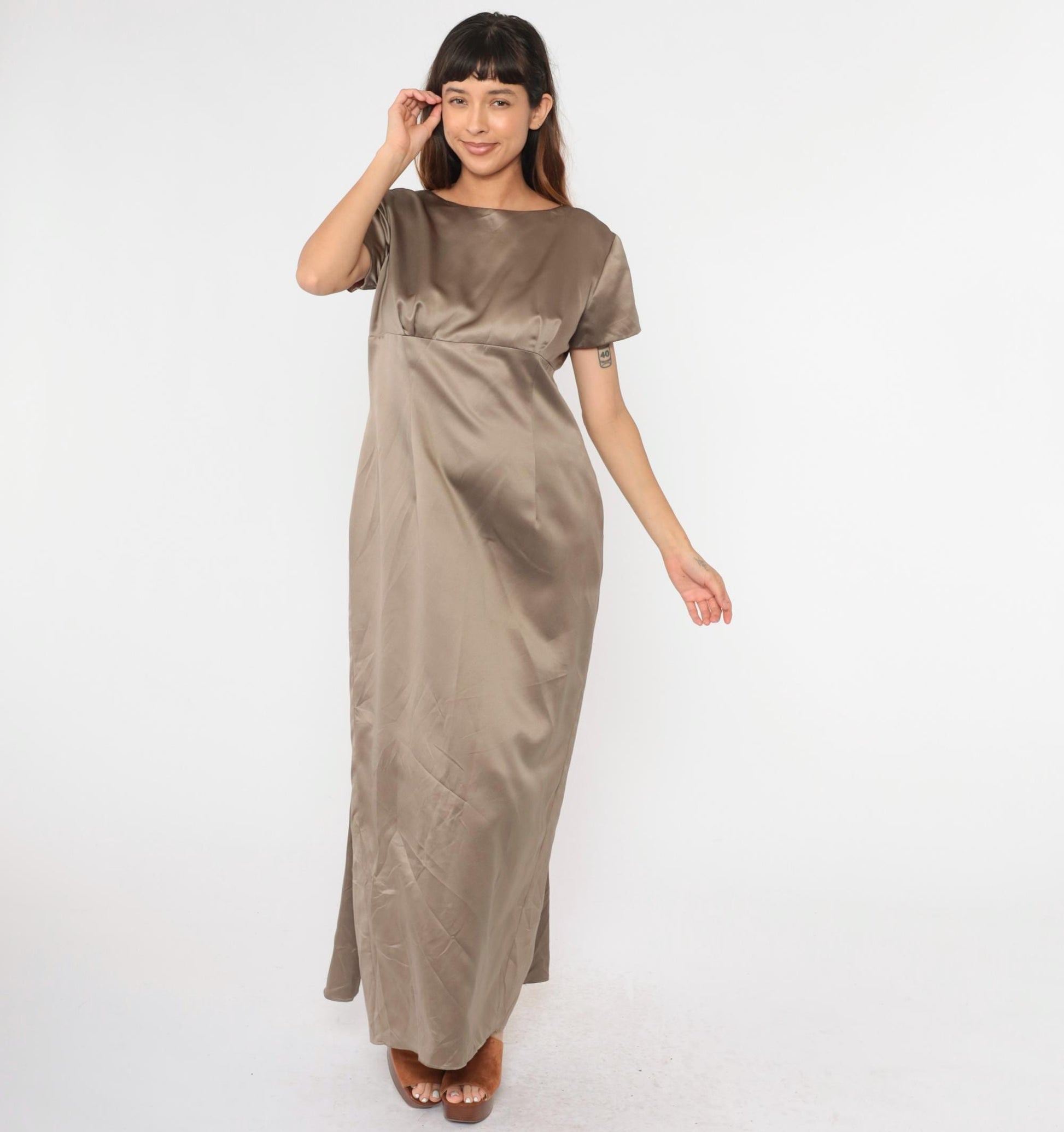 90s Bill Levkoff Satin Maxi Dress Mocha Brown Empire Waist Bow Back Small
