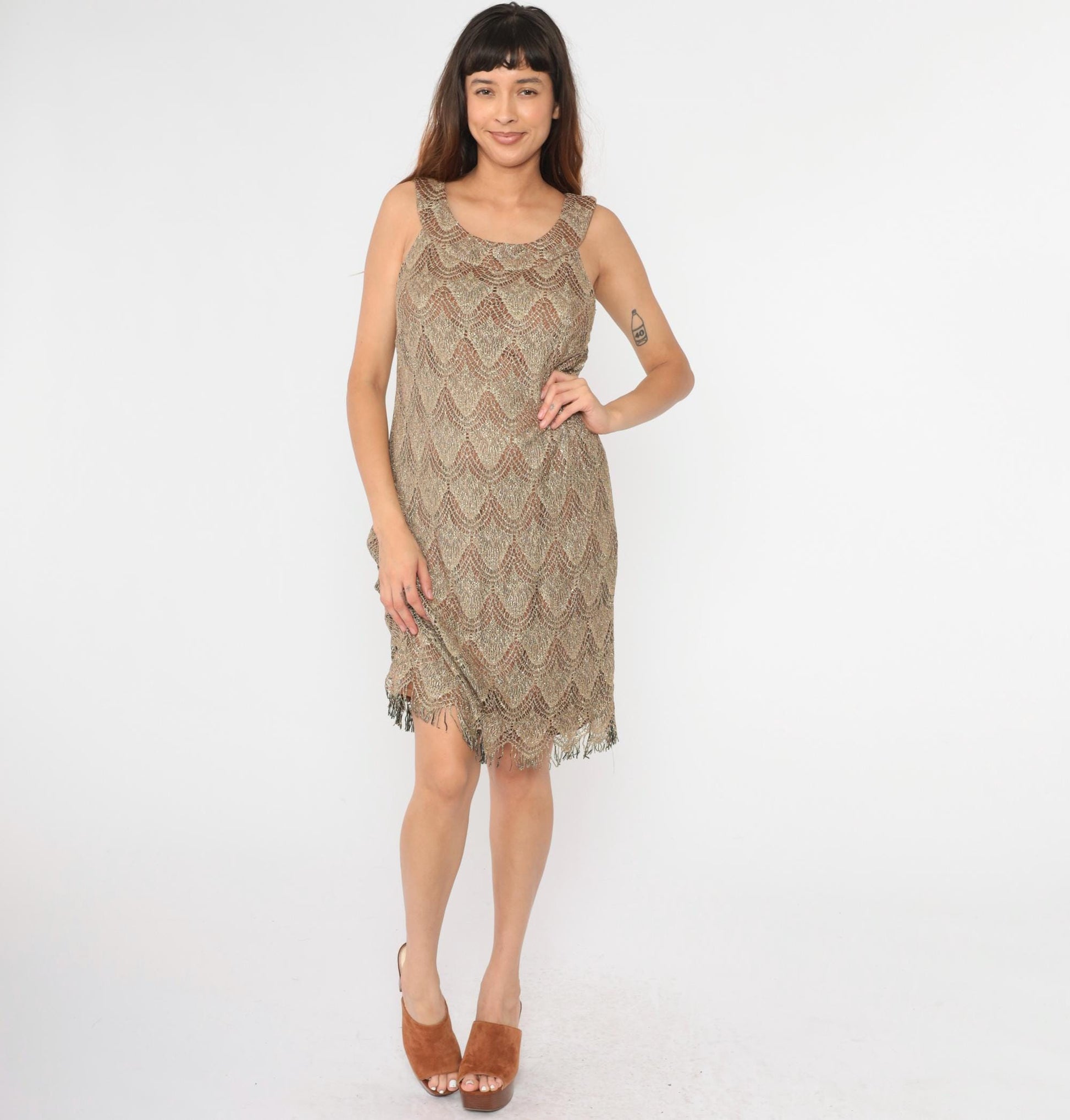 90s S.L. Fashions Metallic Lace Mini Dress Gold Fringe Sleeveless Shift Extra Large XXL