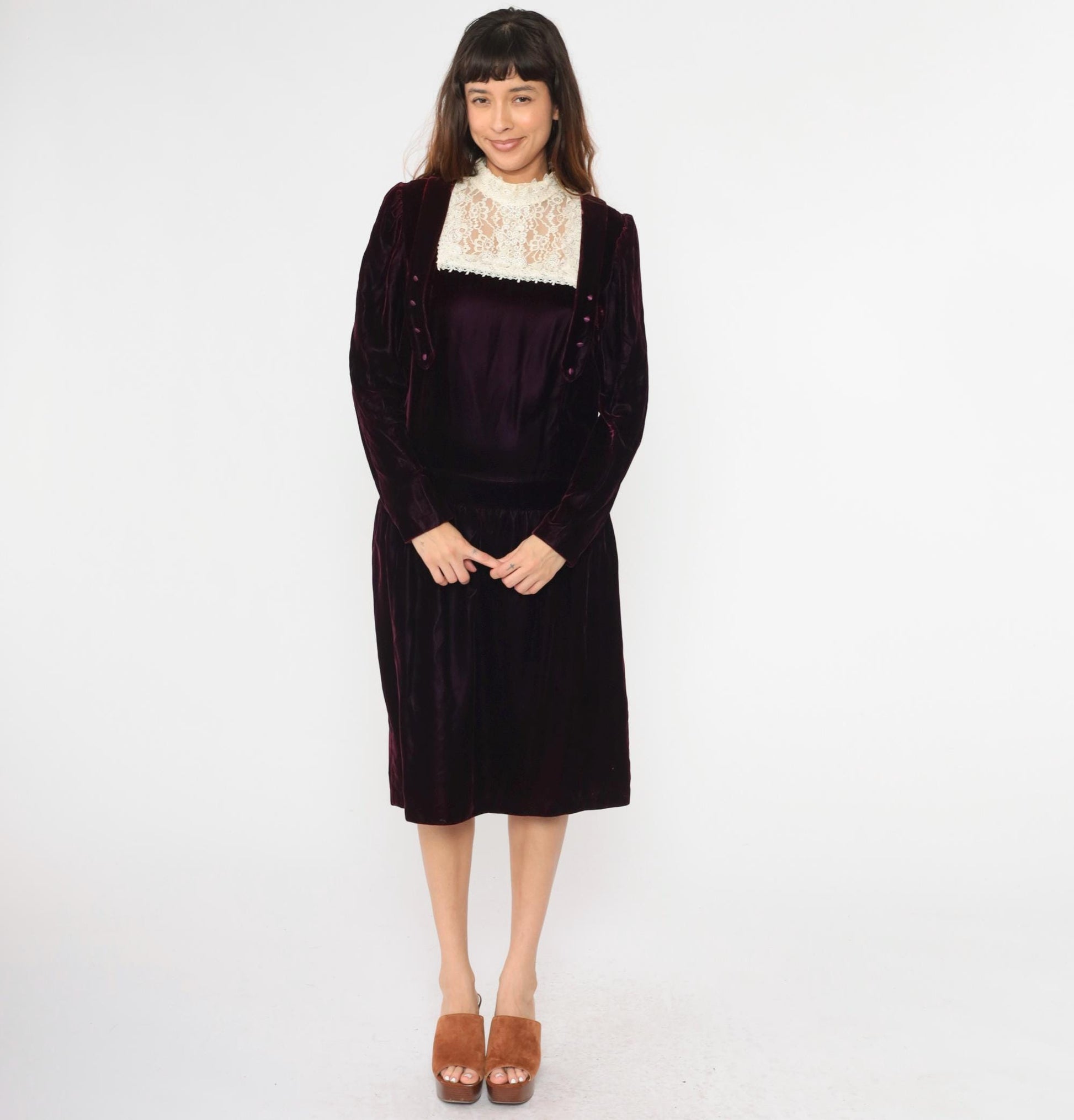 80s Jessica McClintock Purple Velvet Midi Dress Cream Lace High Neck Medium