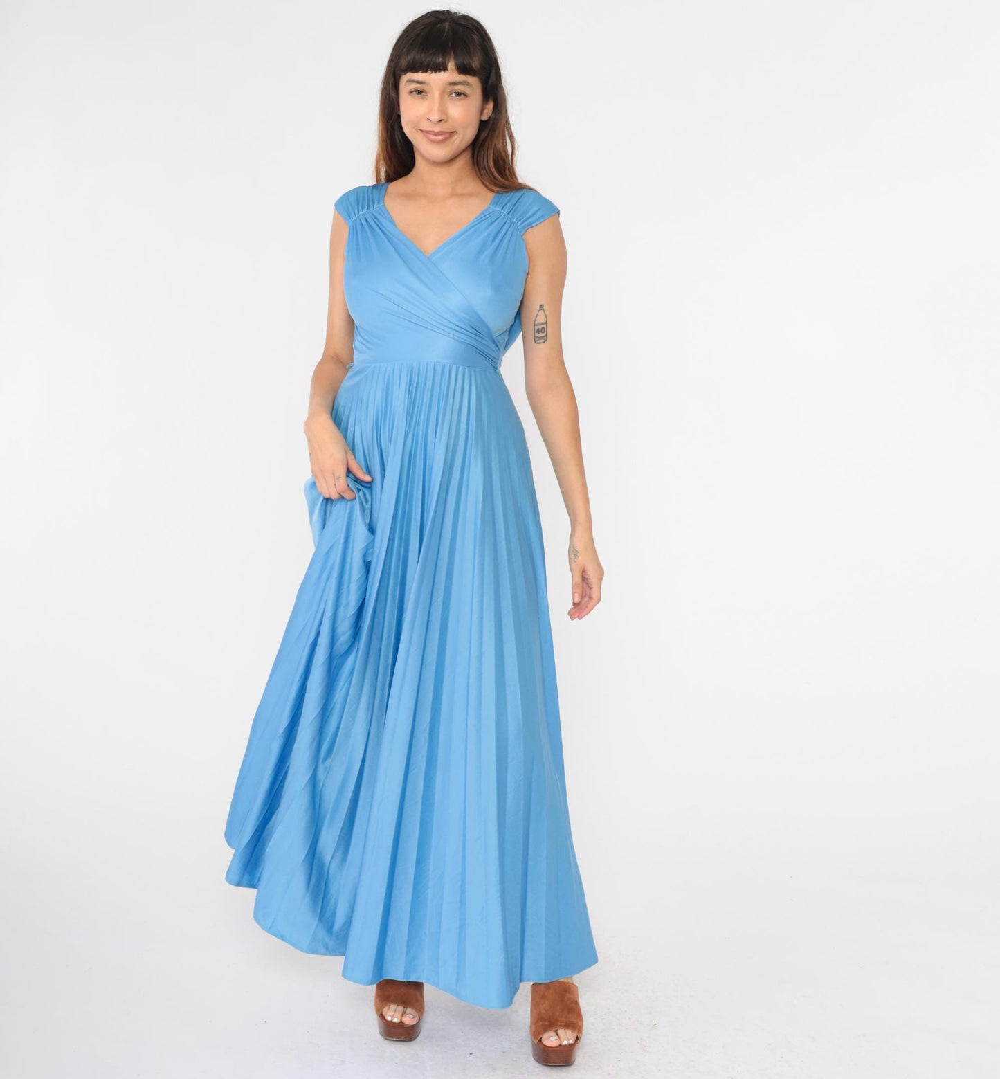 70s Blue Maxi Dress Pleated Wrap V-Neck Cap Sleeve High Waist Small