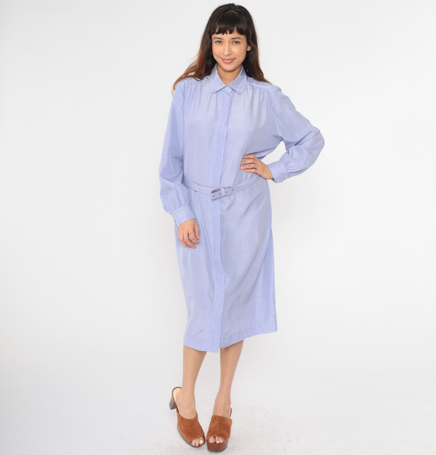 80s Lavender Shirt Dress Pleated Front Belted Midi Button Up Long Sleeve Extra Large XXL