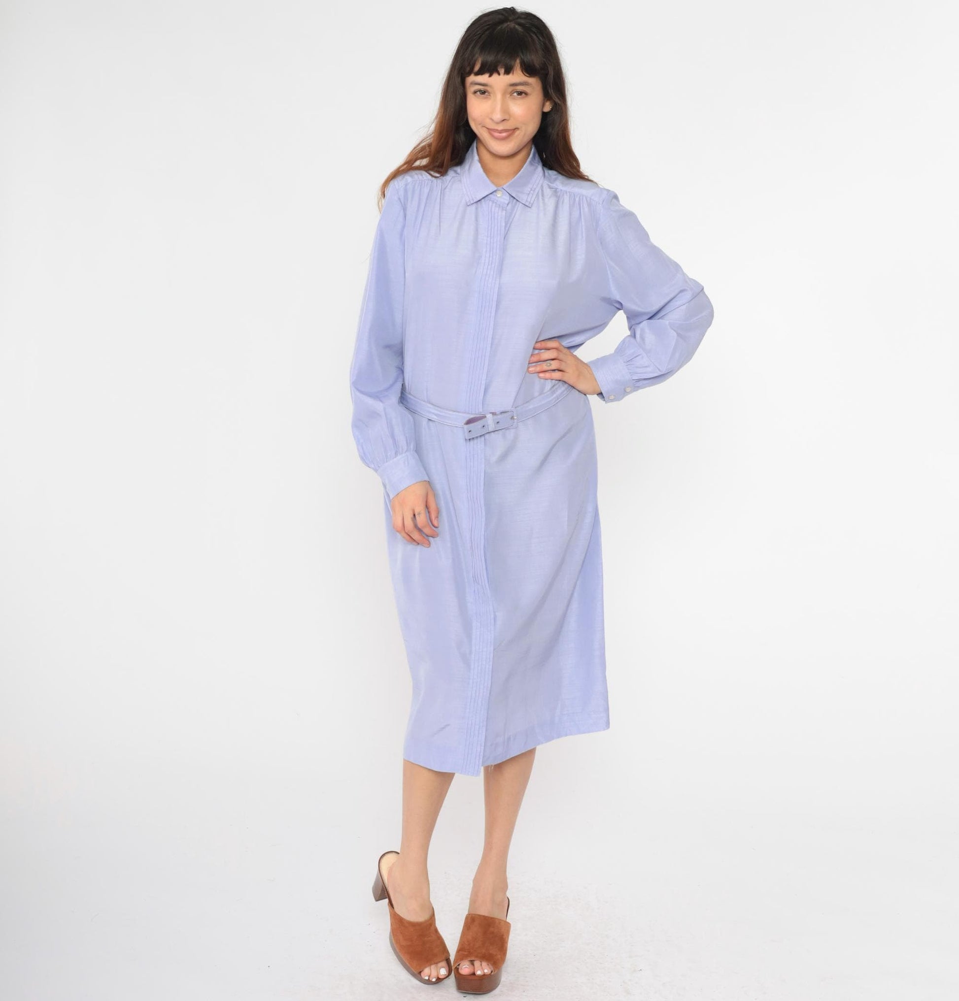 80s Lavender Shirt Dress Pleated Front Belted Midi Button Up Long Sleeve Extra Large XXL