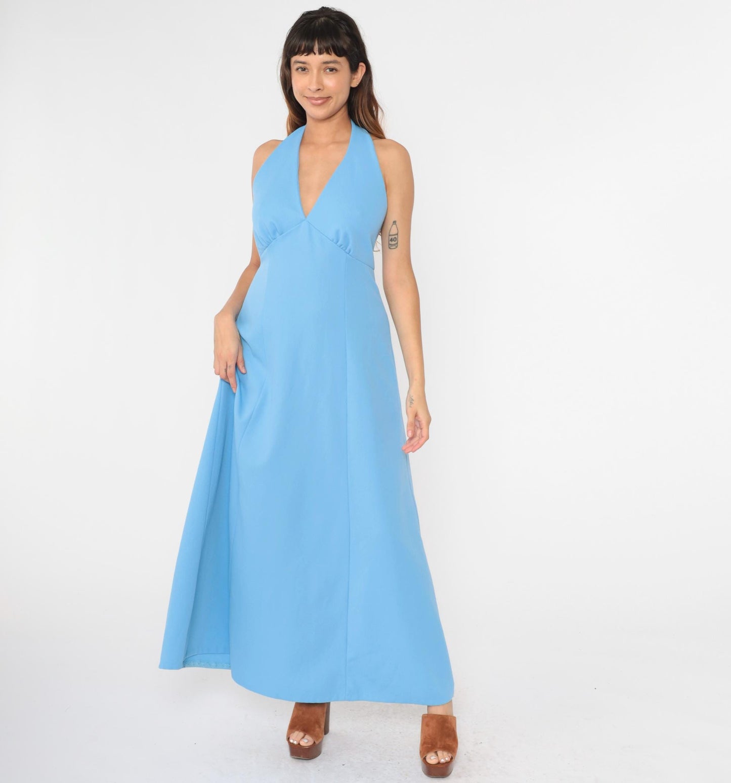 70s Blue Halter Maxi Dress Empire Waist Open Back Sleeveless Medium M