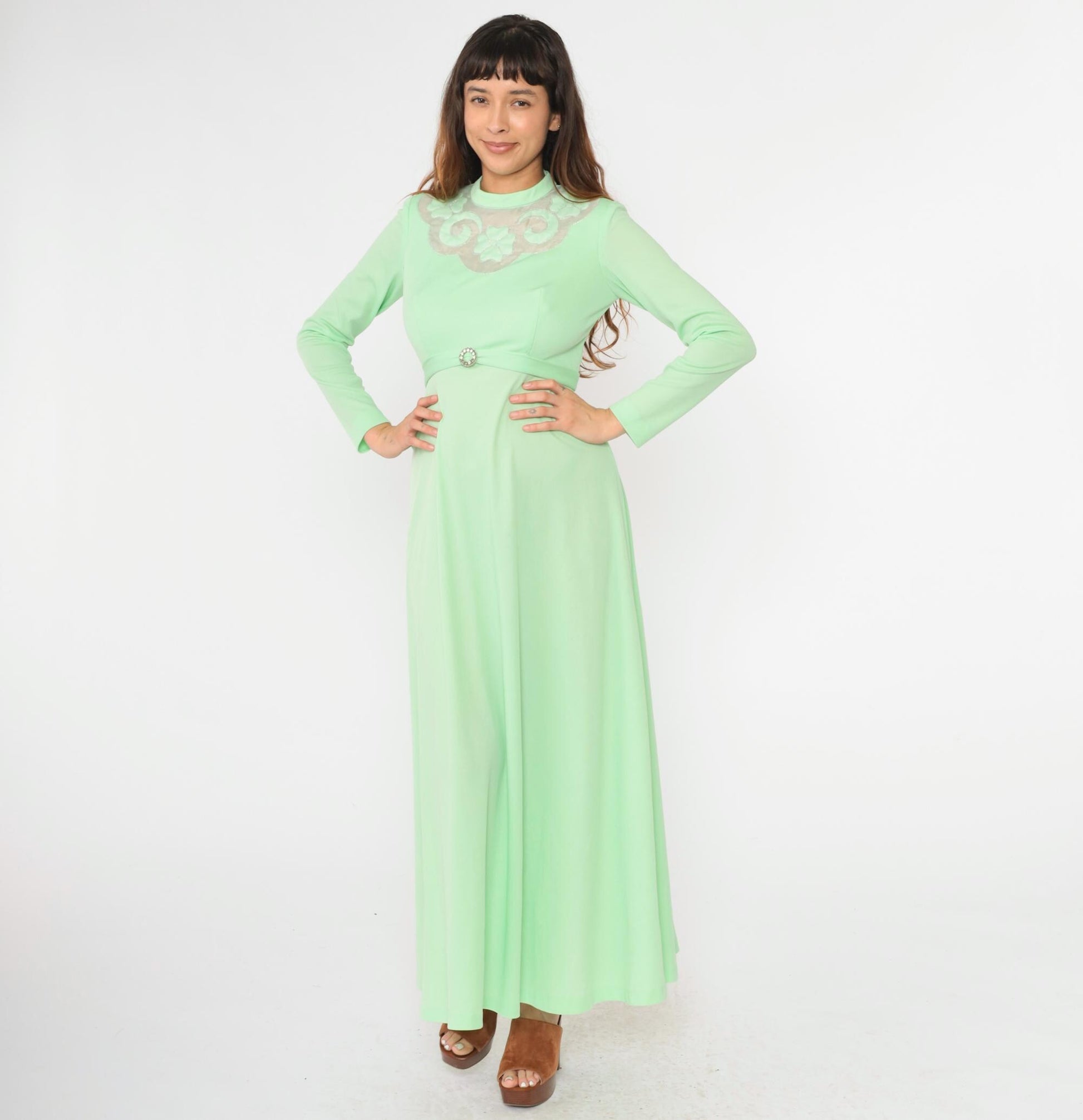 70s Mint Green Maxi Dress Embroidered Mesh Yoke Rhinestone Buckle Small