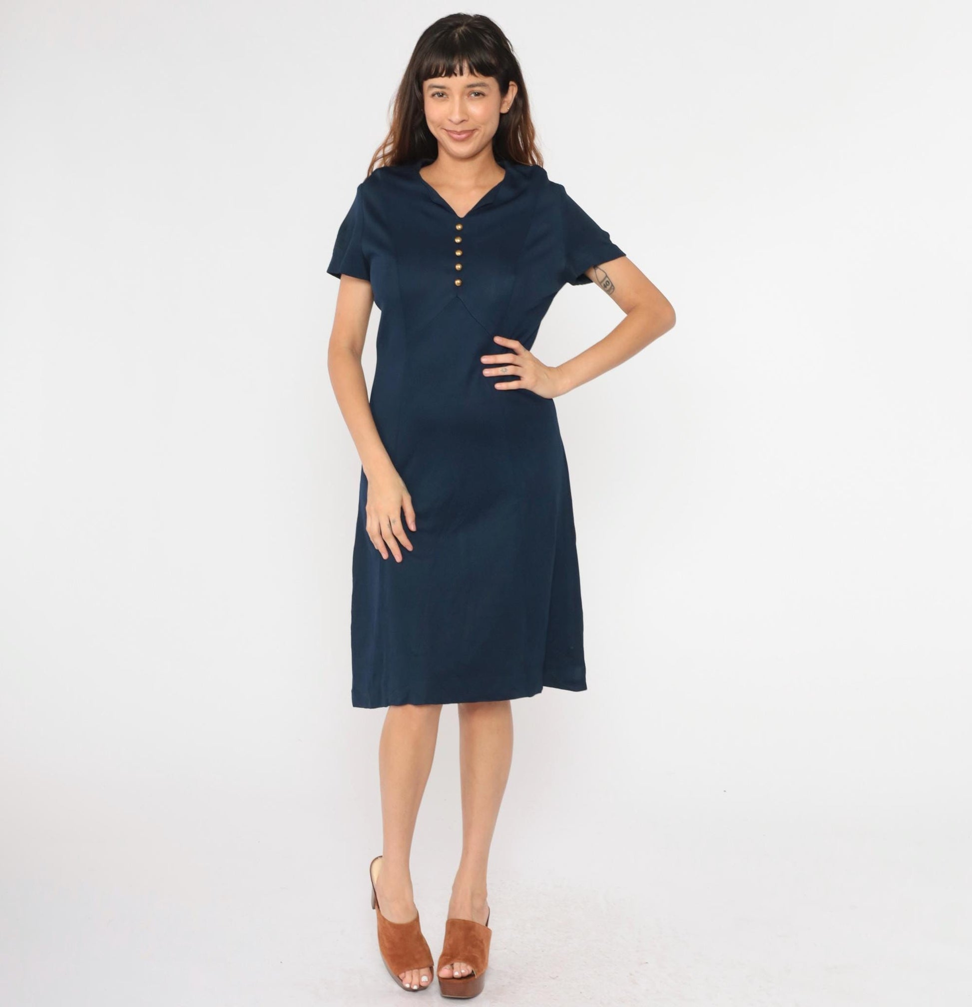 1960s Navy Shift Dress Midi Button Detail Short Sleeve Medium