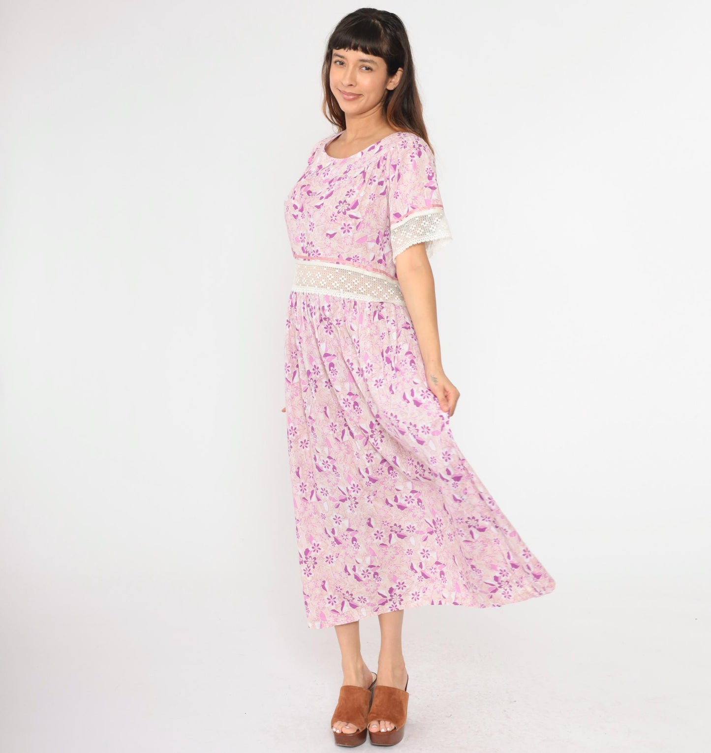 Y2K Floral Maxi Dress Purple Pink Lace Trim Short Sleeve Large