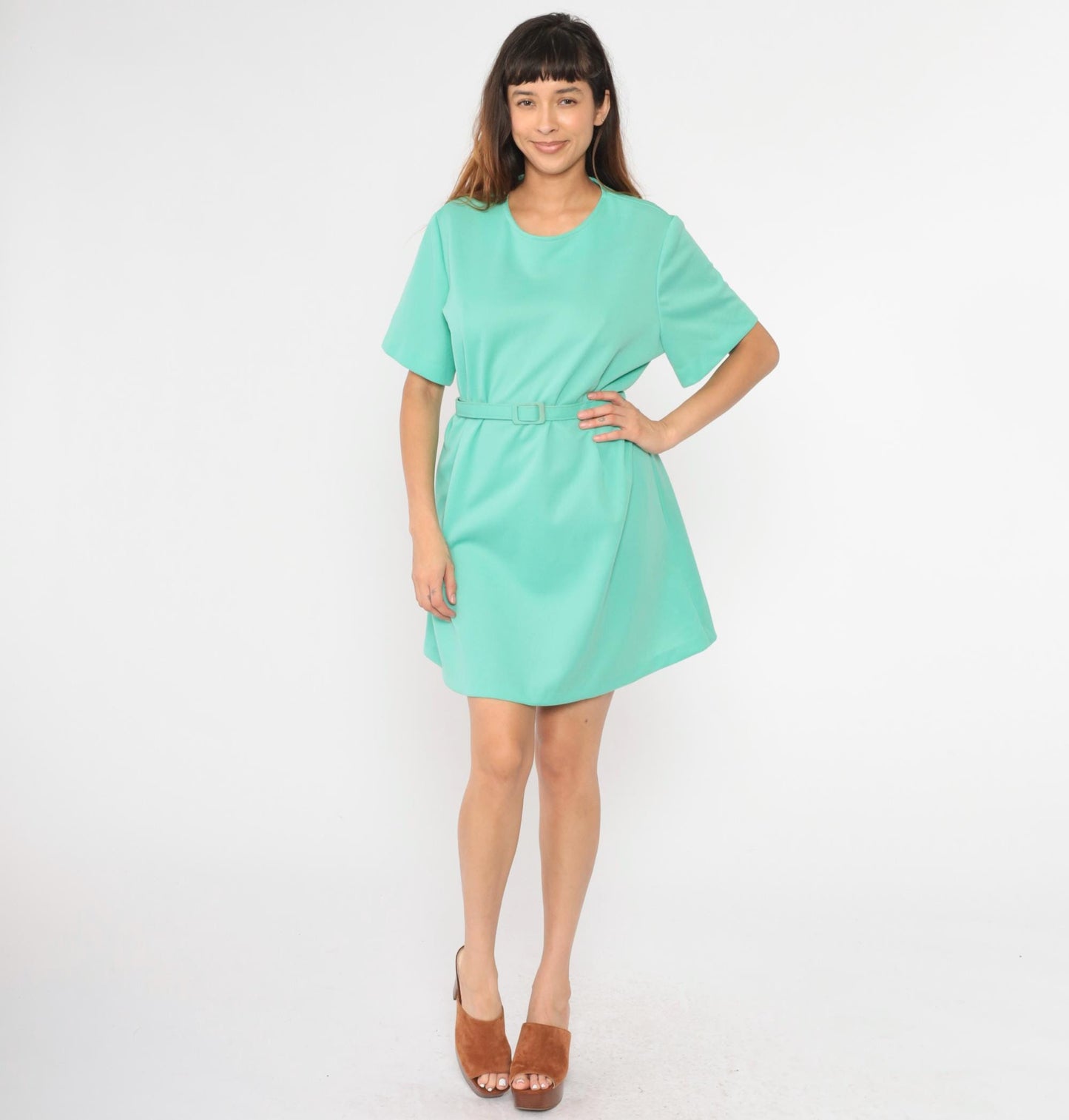 1970s Mint Green Shift Mini Dress Short Sleeve Belt XXL