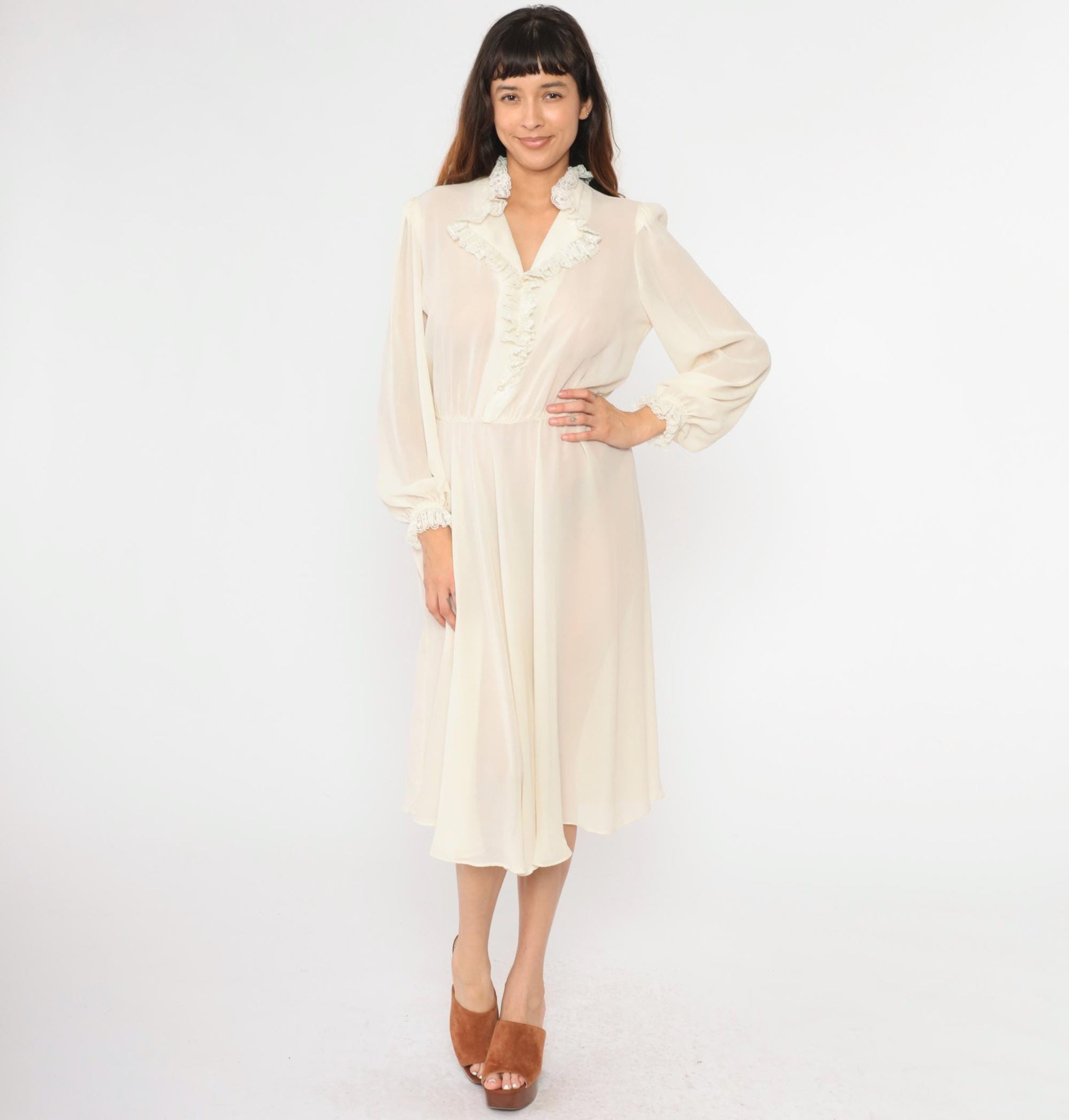 70s White Sheer Midi Dress Pearl Buttons Puff Sleeves High Waist Medium Large