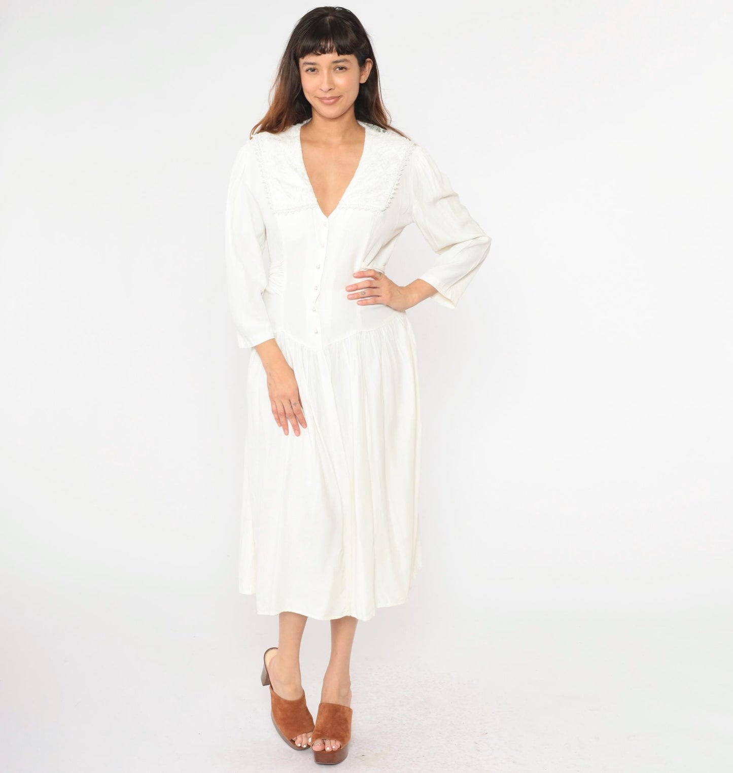 80s Jody California White Midi Dress Sailor Collar Button-Up Puff Sleeve Medium