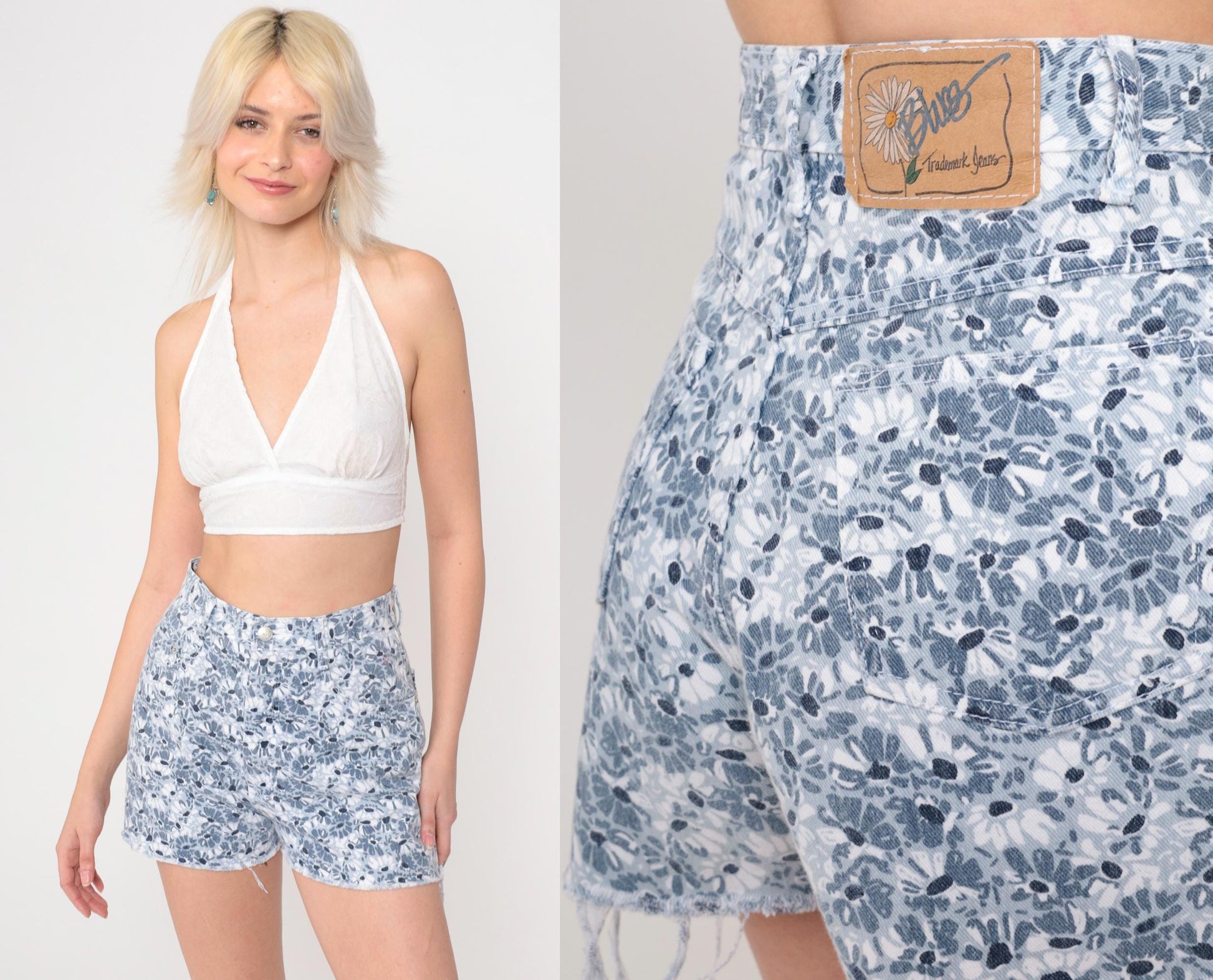90s Floral Denim Shorts Blue White High Waist Frayed Cutoff Small