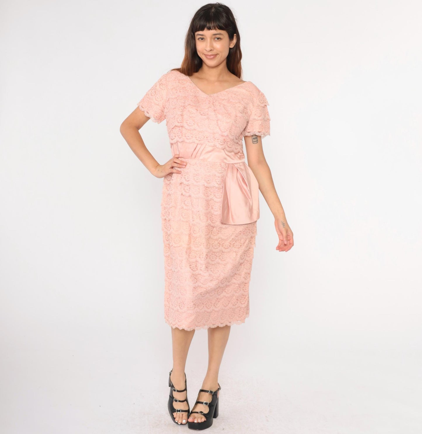 1960s Pink Lace Cocktail Dress Satin Trim High Waist Short Sleeve Medium Large