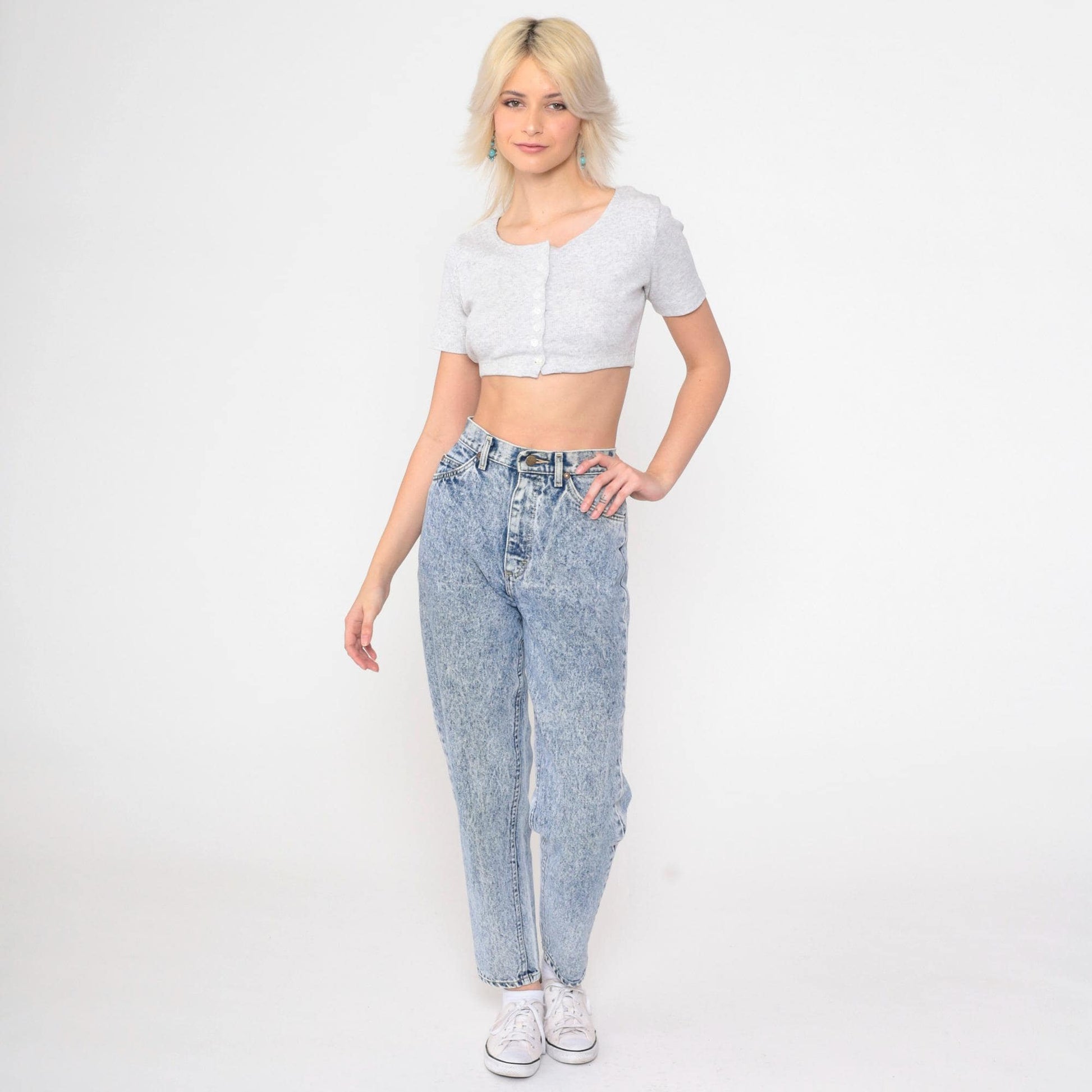 80s Lee Acid Wash Jeans High Waist Tapered Slim Leg Blue Denim Small