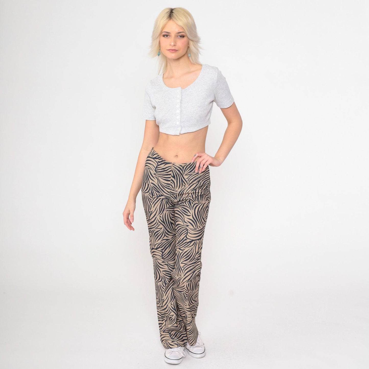 Y2K Zebra Stripe Flared Pants Black Tan Mid Rise Front Zip Medium 9