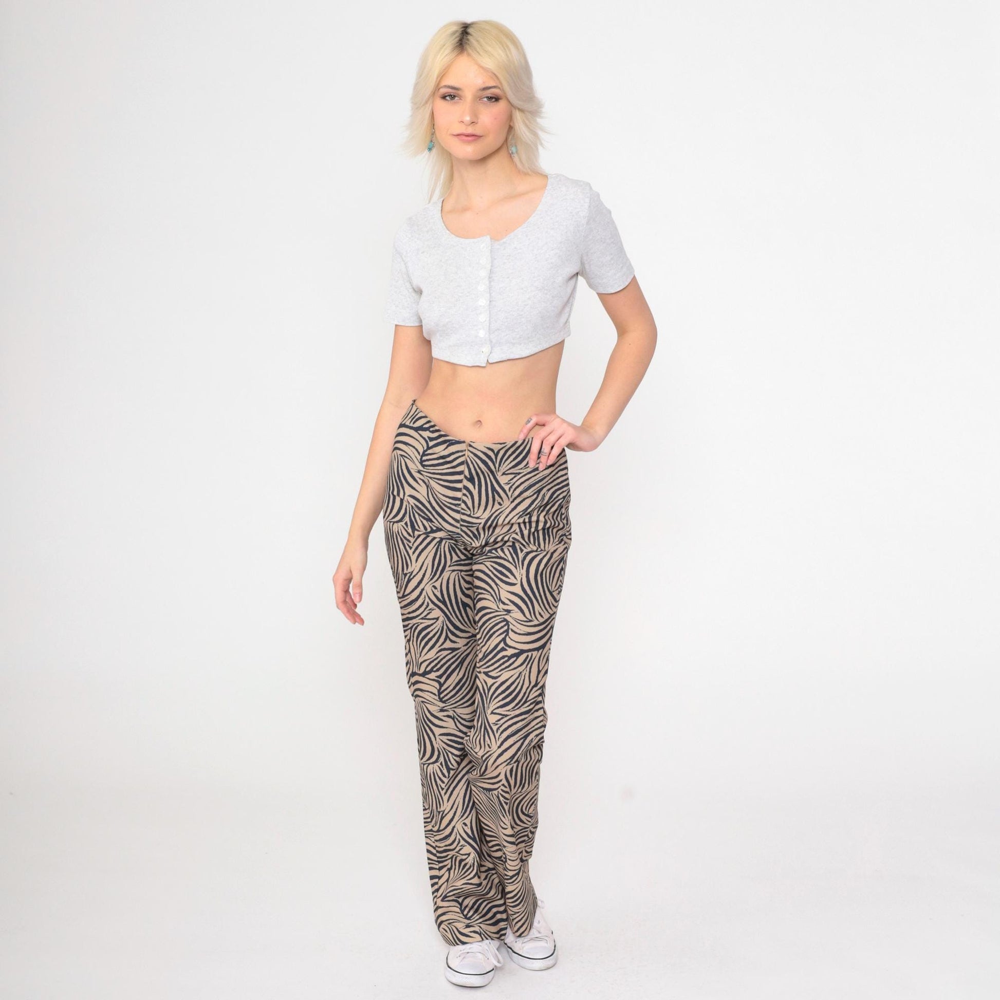 Y2K Zebra Stripe Flared Pants Black Tan Mid Rise Front Zip Medium 9