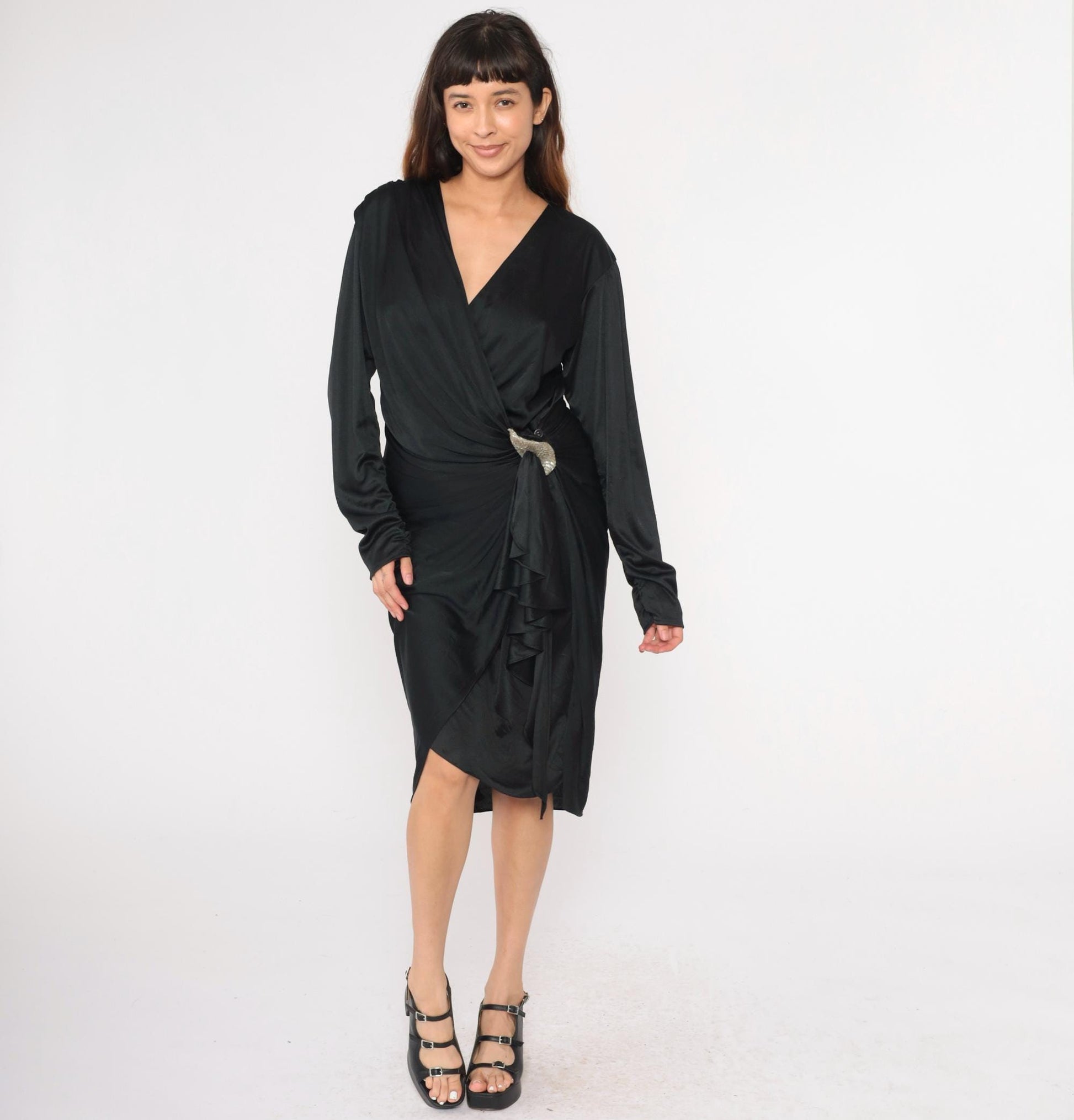 80s Black Faux Wrap Midi Dress Beaded Waist V Neck Long Sleeve Medium