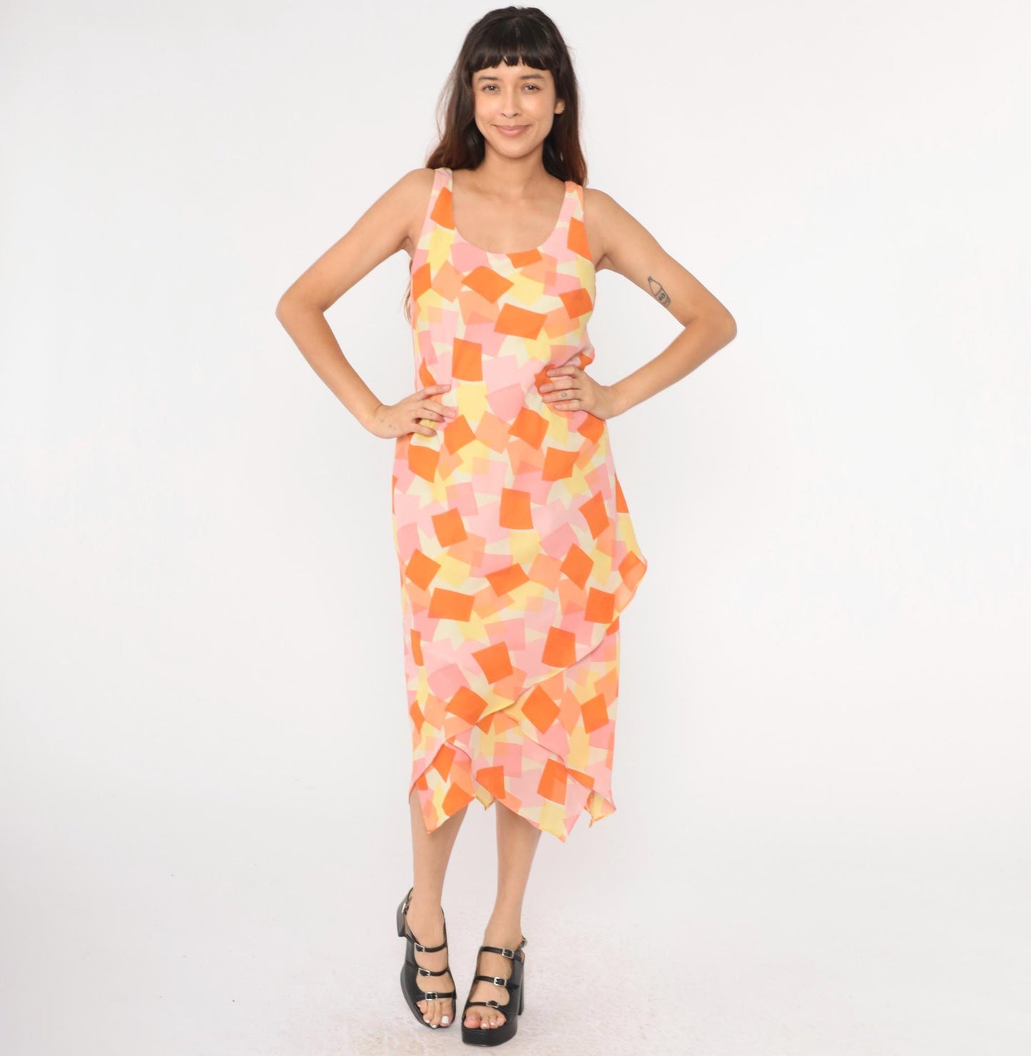 Y2K Geometric Asymmetrical Hanky Hem Shift Dress Orange Pink Yellow Large 12
