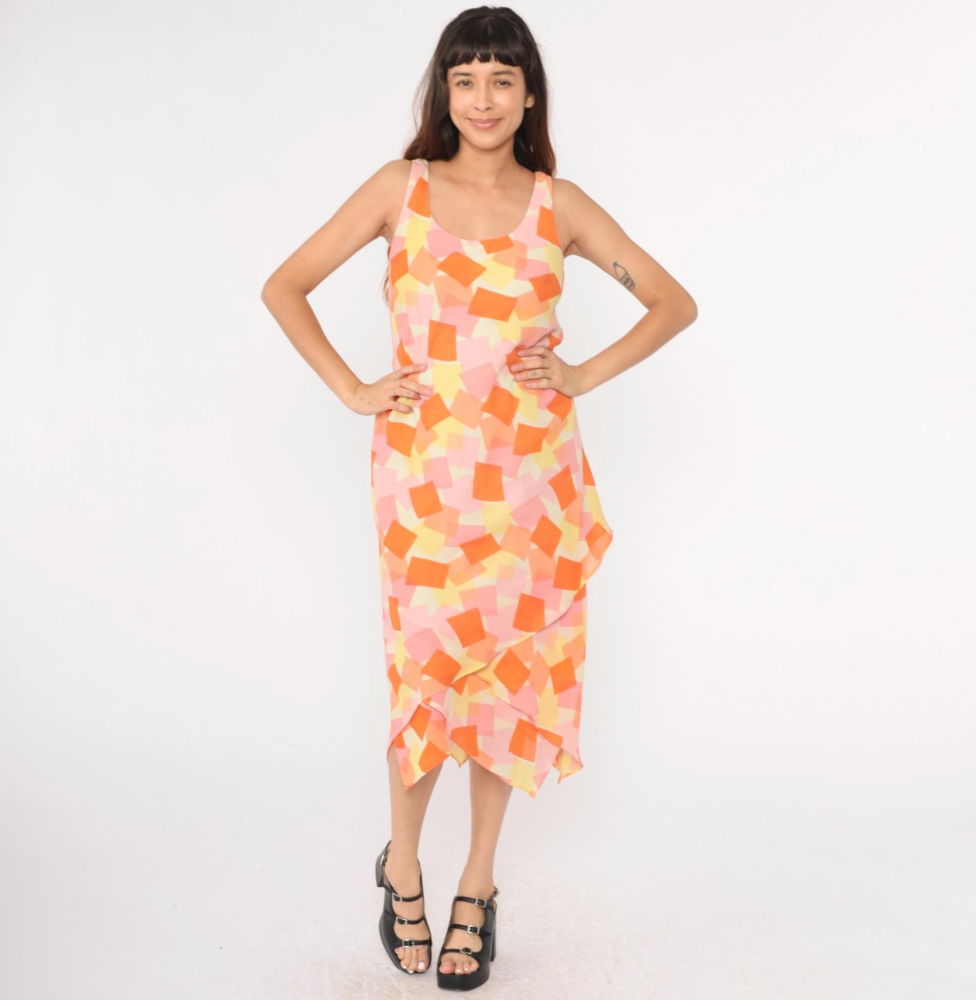 Y2K Geometric Asymmetrical Hanky Hem Shift Dress Orange Pink Yellow Large 12
