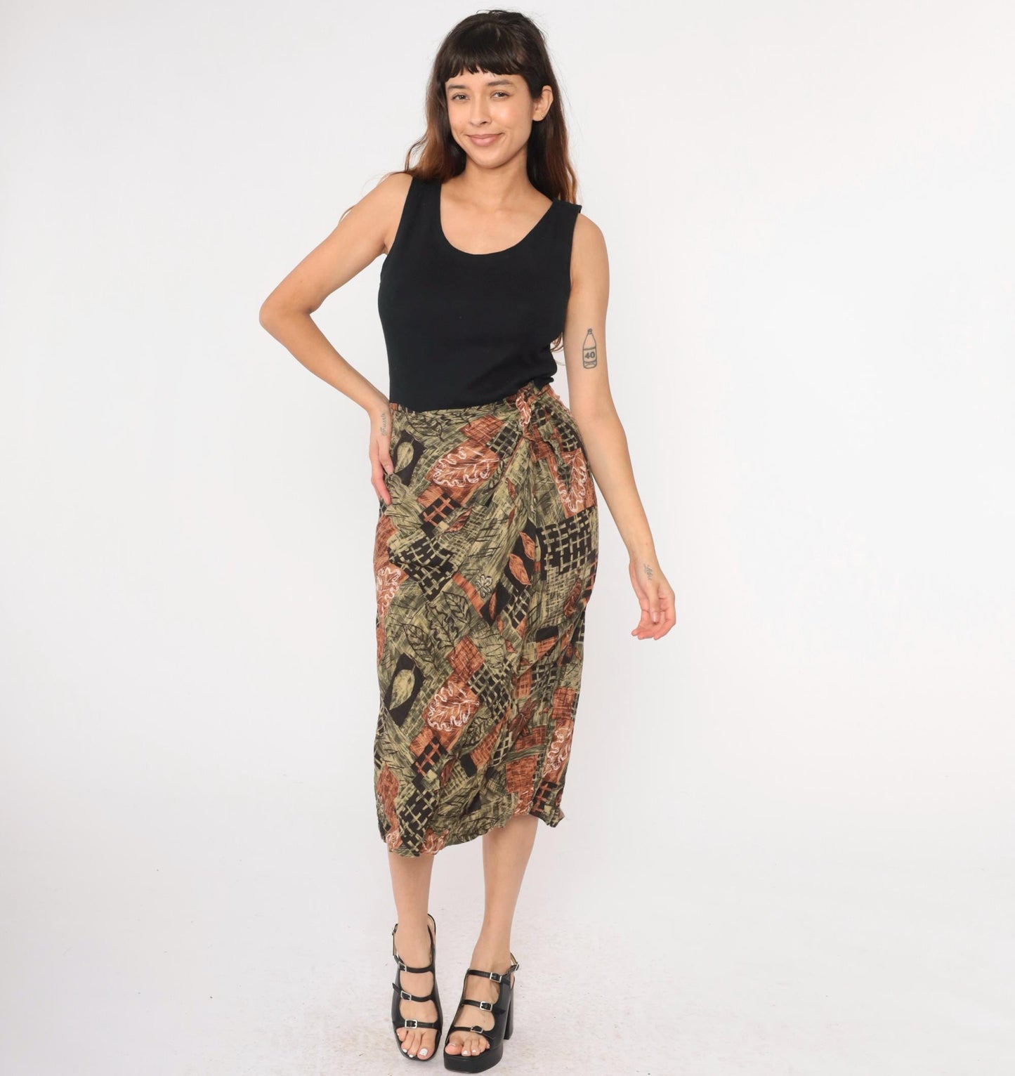 90s UM & Company Leaf Print Midi Dress Black High Waist Wrap Sleeveless Medium