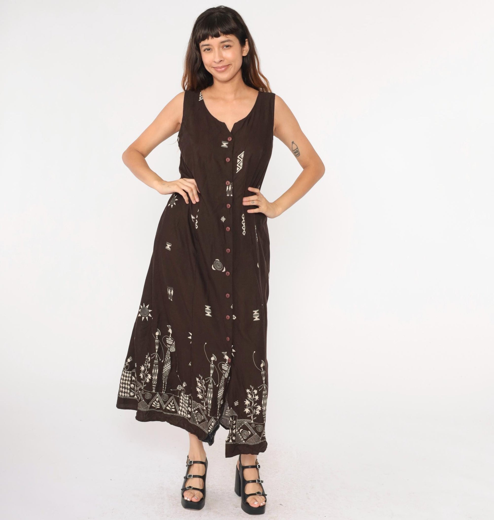 Y2K African Print Maxi Dress Brown Button-Up Sleeveless Geometric Cage Back Extra Large XL