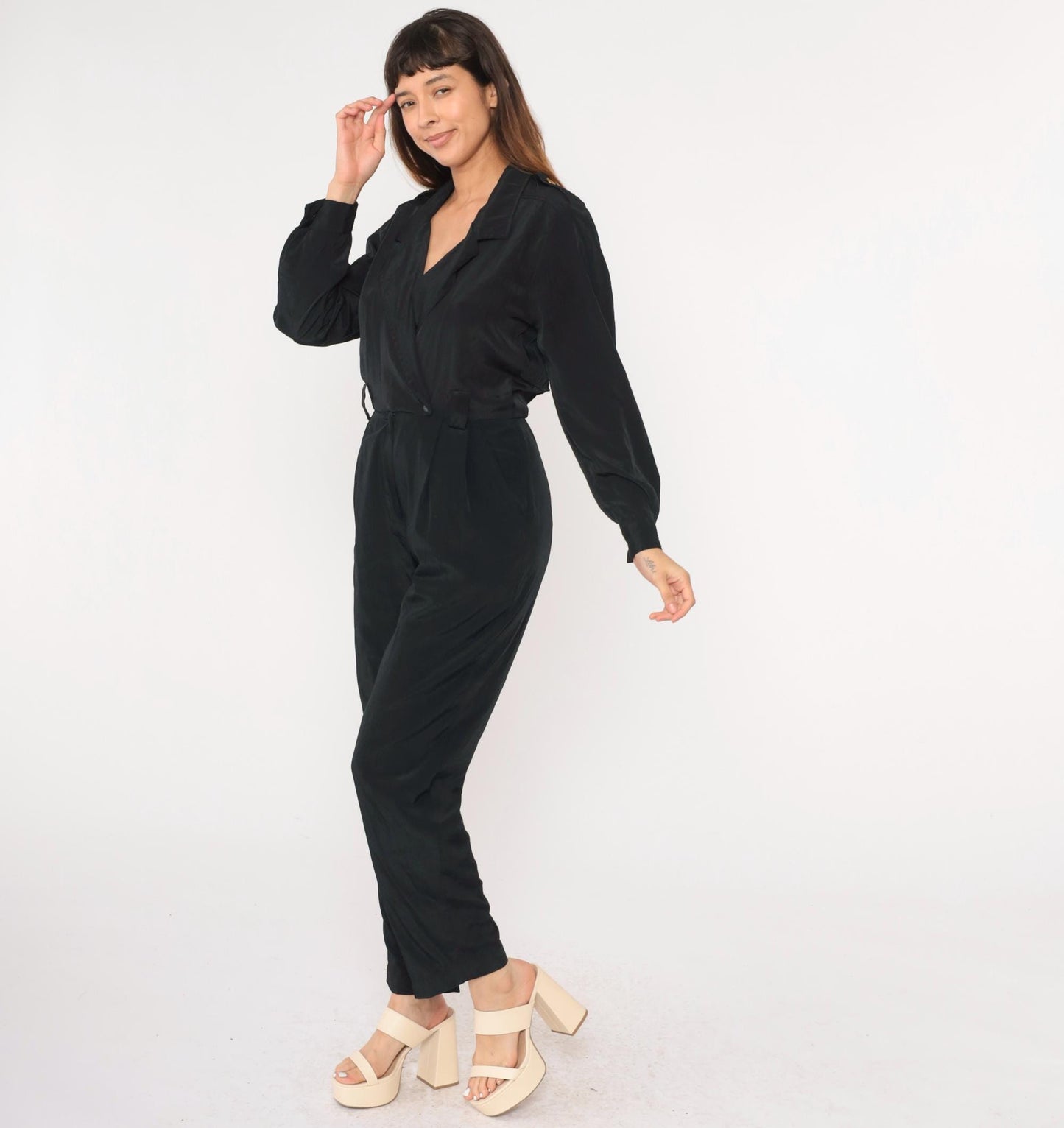 90s Black Jumpsuit V-Neck Wrap High Waisted Straight Leg Long Sleeve Small