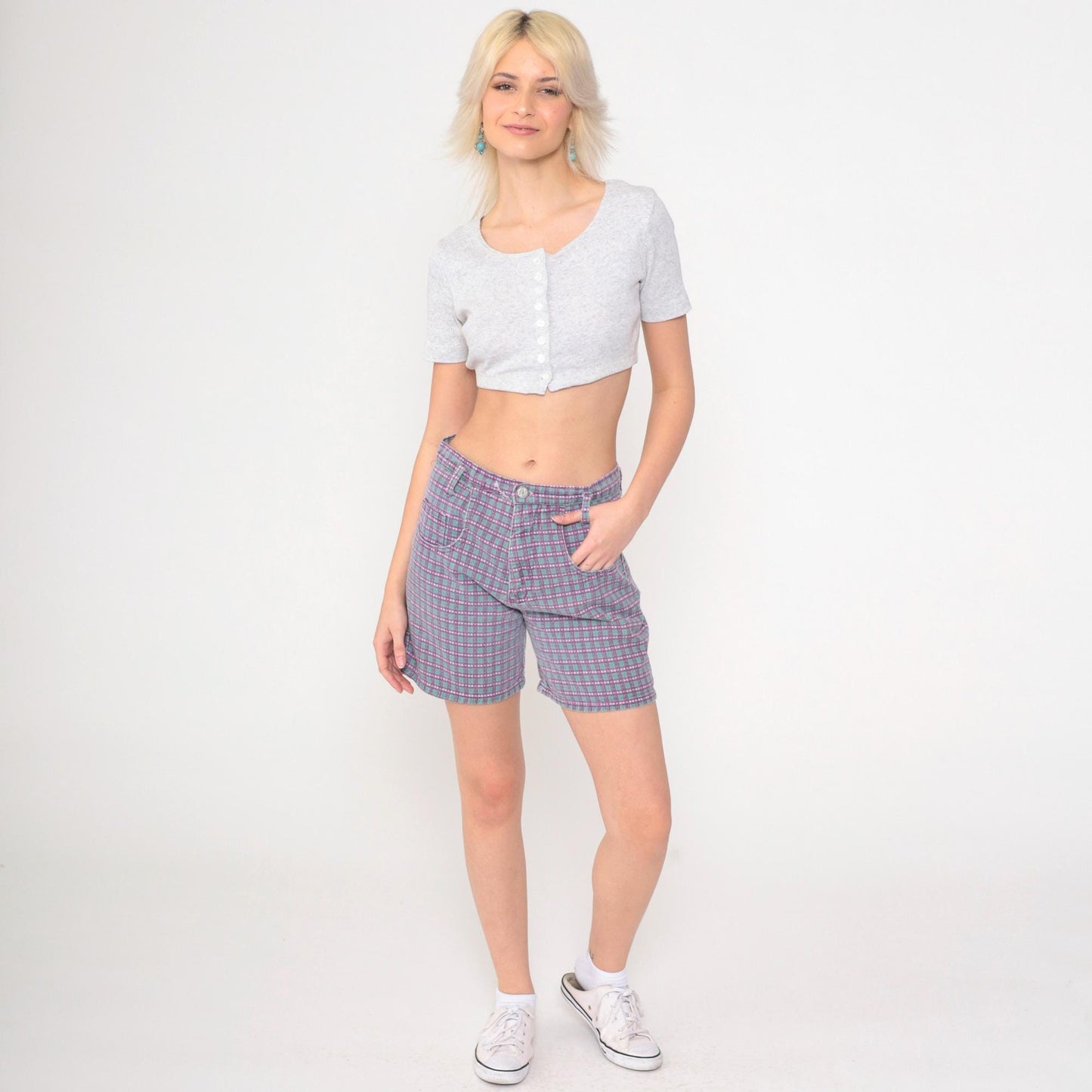 90s Wet Seal Checkered Denim Shorts High Waist Purple Green Small