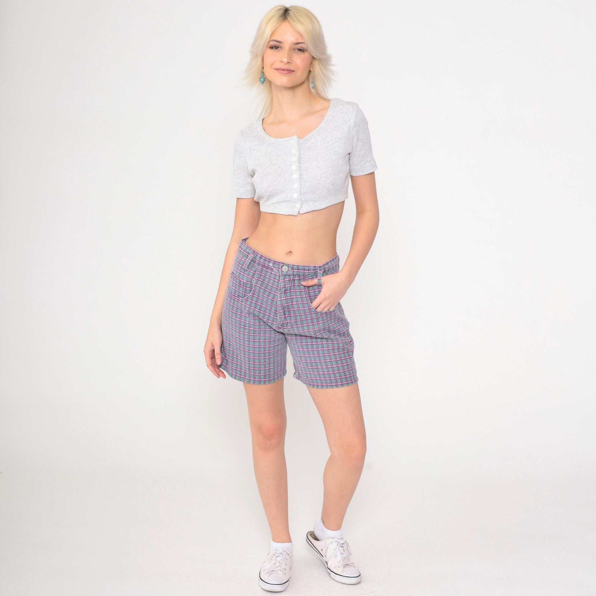 90s Wet Seal Checkered Denim Shorts High Waist Purple Green Small
